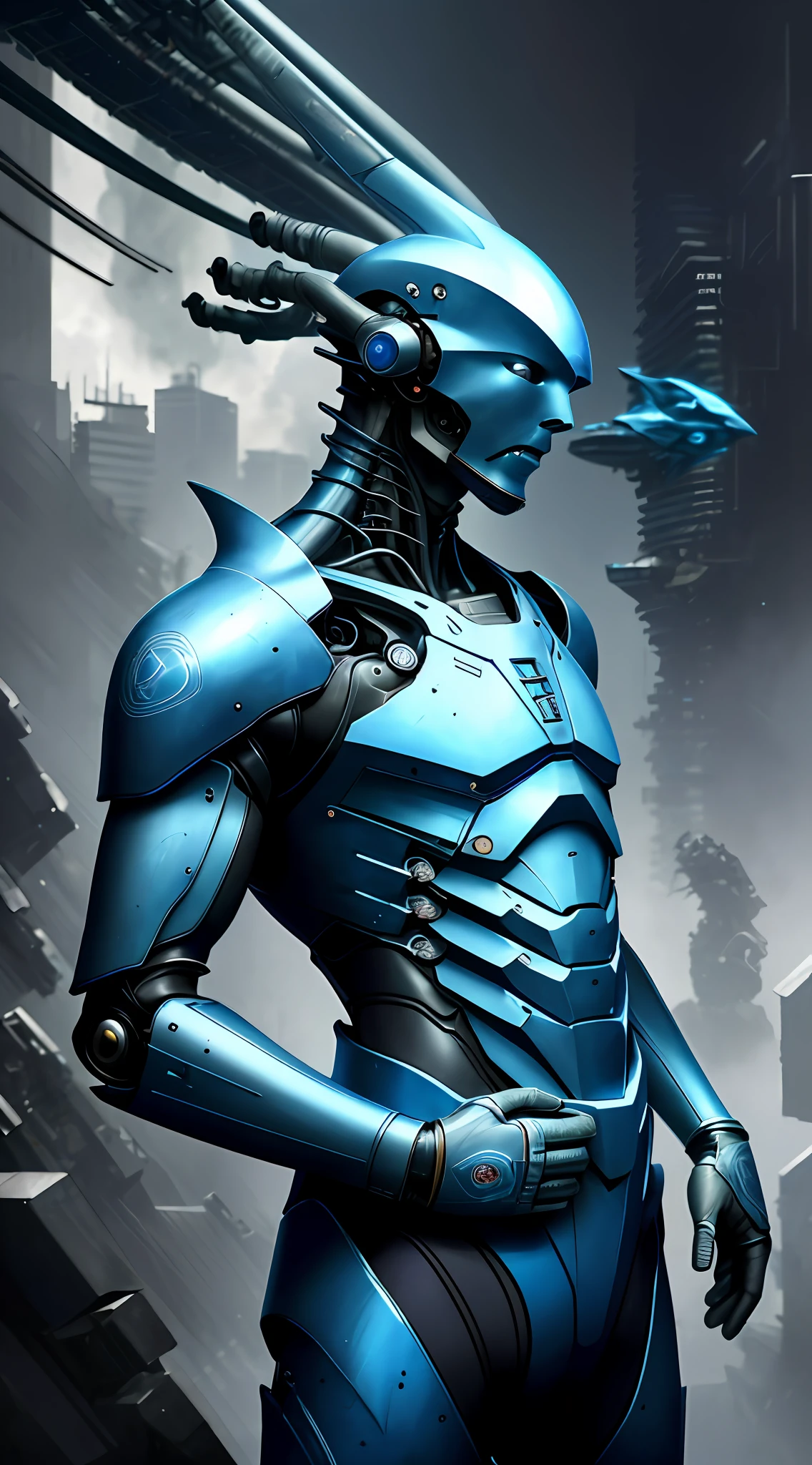 primitive, tmasterpiece, ultra fine photos, best qualtiy, 超高分辨率, realisticlying ,high high quality,photorealisti,Blue body,Mechanical body,dynamicposes,He looked helpless