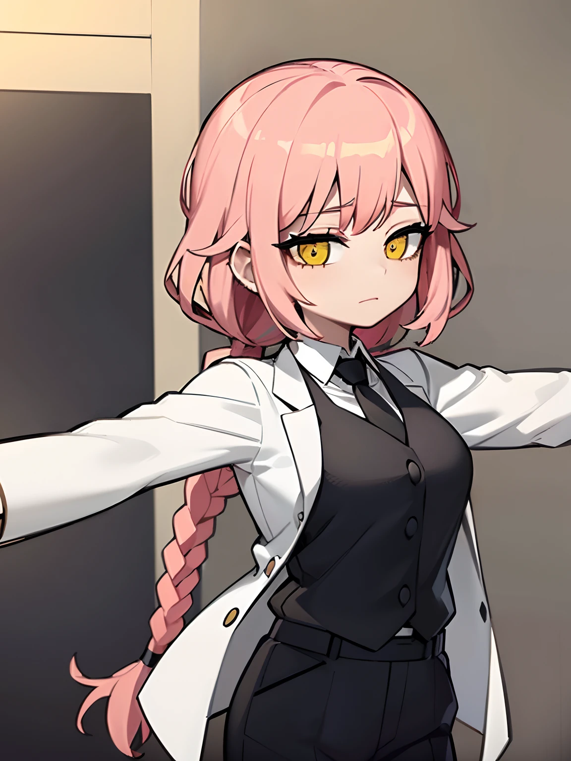 ((masterpiece、top-quality))、(独奏)、(female focus)、(Salmon pink hair、Braided hair、Braiding、Ring、Black tie)、yellow eyes、Closed、(white shirt)、(Black slacks)、is standing、White background、back arms、dynamic ungle、The upper part of the body、Mature Woman