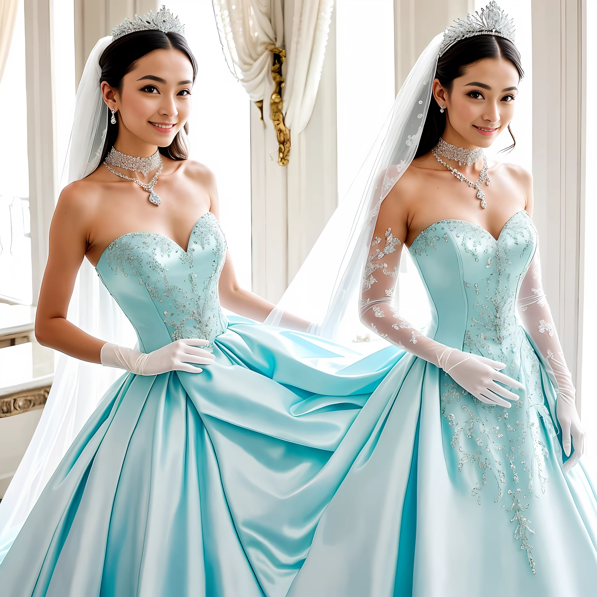 Beautiful hot young woman，Enchanted smile，shiny lip，Feminine figure，Wearing an ice blue luxury silk wedding dress，God Ray，be full of details，8K分辨率，Gorgeous white extra-long gloves，adiamondnecklace，eardrop，Bracelet，gyuru，Gorgeous crown，white european，S-shaped body，1.8 meters tall