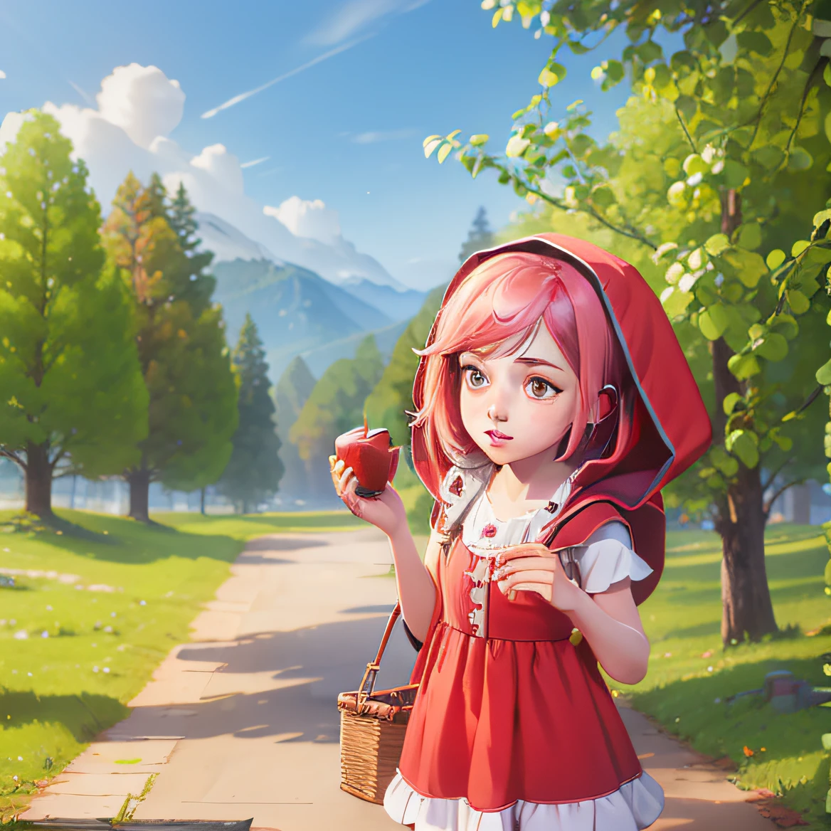 Little Red Riding Hood goes with the basket in the forest (skindentation:1.5), illustration, (masterpiece:1.5), concept art, intricate details, highly detailed, photorealistic, octane render, 64k, unreal engine, Apple in hand