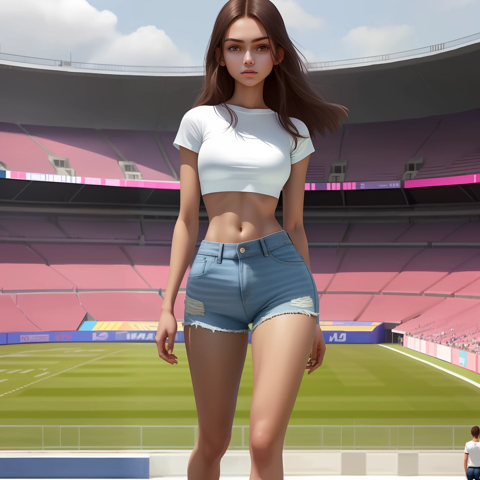 best qualtiy, Full body like,Refined face,18-year-old girl,Slim body,Smaller bust,White crop top T-shirt,Short waist pink denim skirt,Stadium scene,Stand tall,nakeness