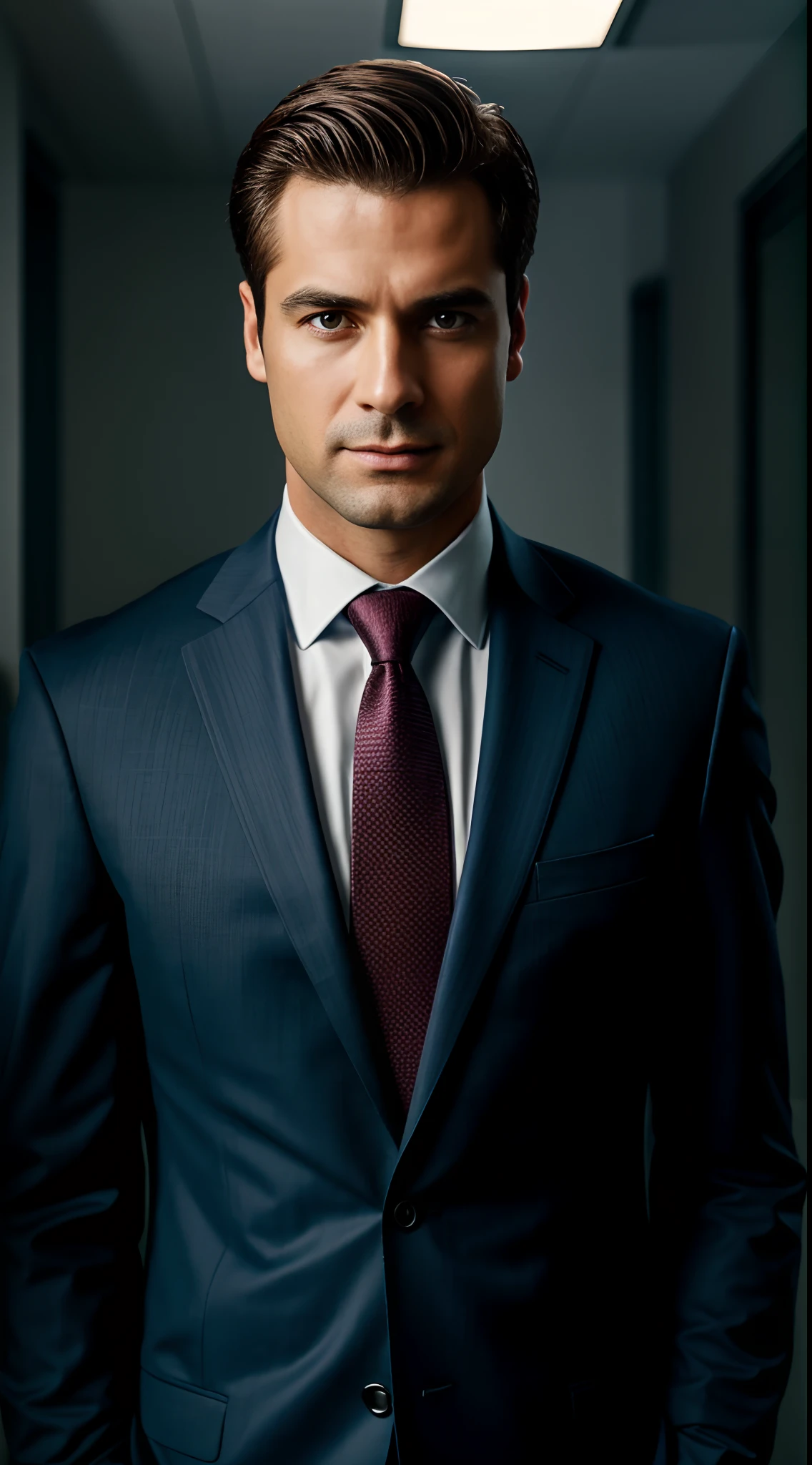 a Man standing with 30 years in suit and tie, body and head straight in the photo, facing the viewer of the photo, eyes fixed to the lens, appears shoulders and head in the photo, man centered in the photo, 8k, best quality, masterpiece, realistic, realistic photo, movie photo, ultra realistic, 1 person, detailed, perfect lighting, DSRL, professional photo, 4k