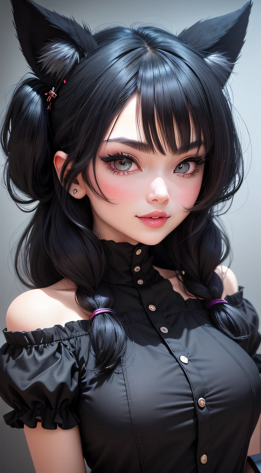 black hair, hair bobbles, wince, longeyelashes, solid circle eyes, fake animal ears, light smile, ear blush, fang, evil, oral invitation, full-face blush, saliva trail, glint, heart in eye, Surrealism, drop shadow, anaglyph, stereogram, tachi-e, pov, atmospheric perspective, 8k, super detail, ccurate, best quality