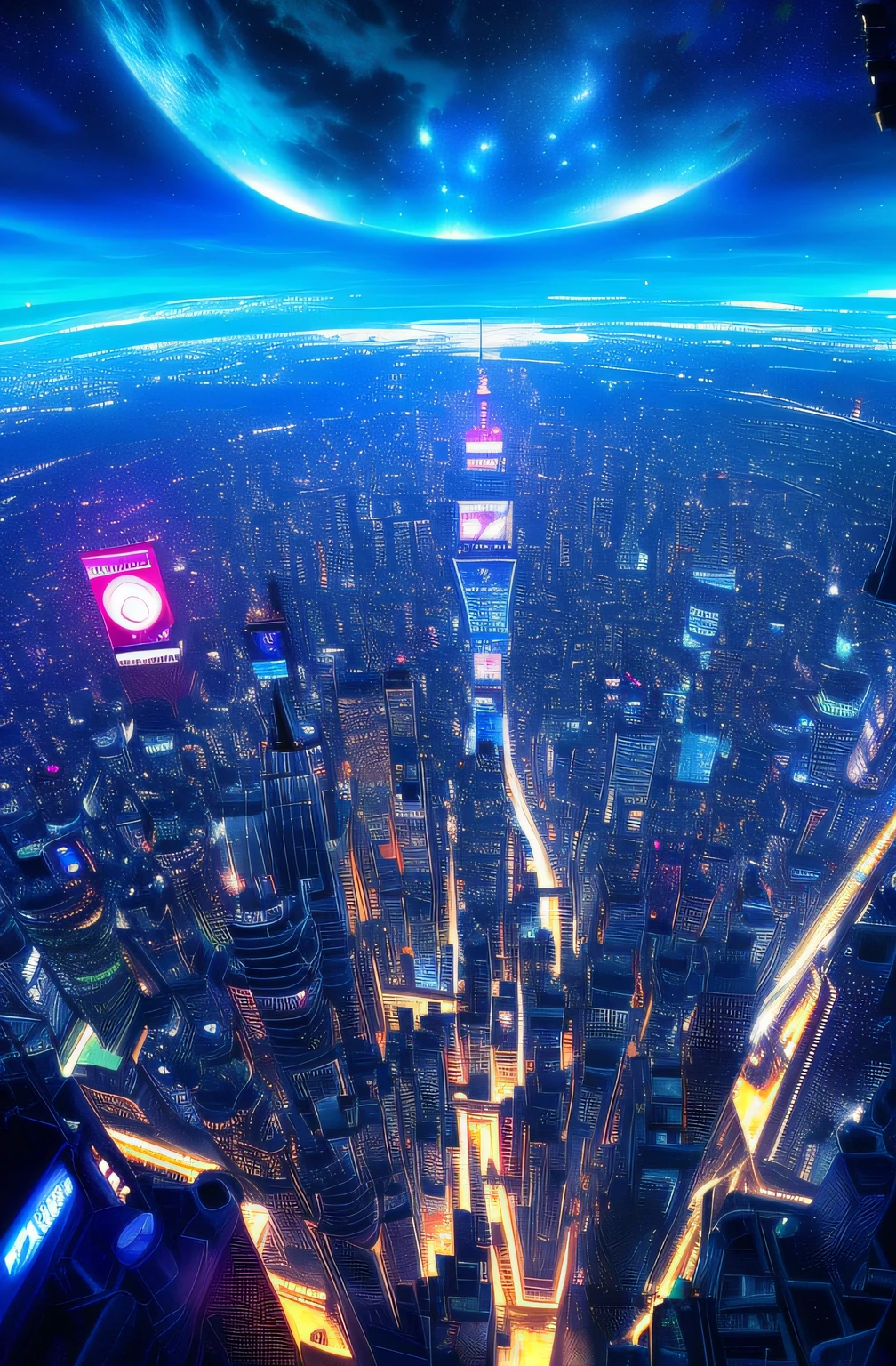 Futuristic cities The Earth looks small and in the sky like a planet kosmos Half a street from Times Square, Cyberpunk, Realistic, a dark night