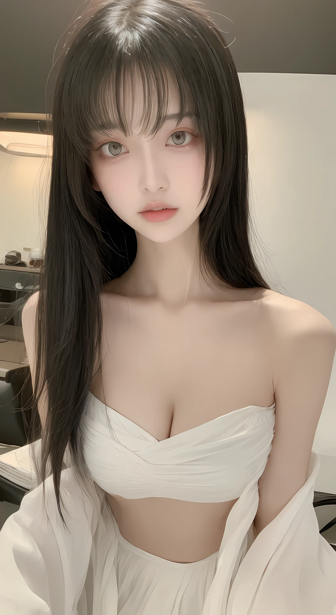 perfect figure beautiful woman:1.4,Layered Hair Style,Protruding cleavage:1.2,Bandeau:1.5,Highly Detailed Face and Skin Textur,Narrow eyes,二重まぶた,Whitens the skin,long whitr hair,full bodyesbian