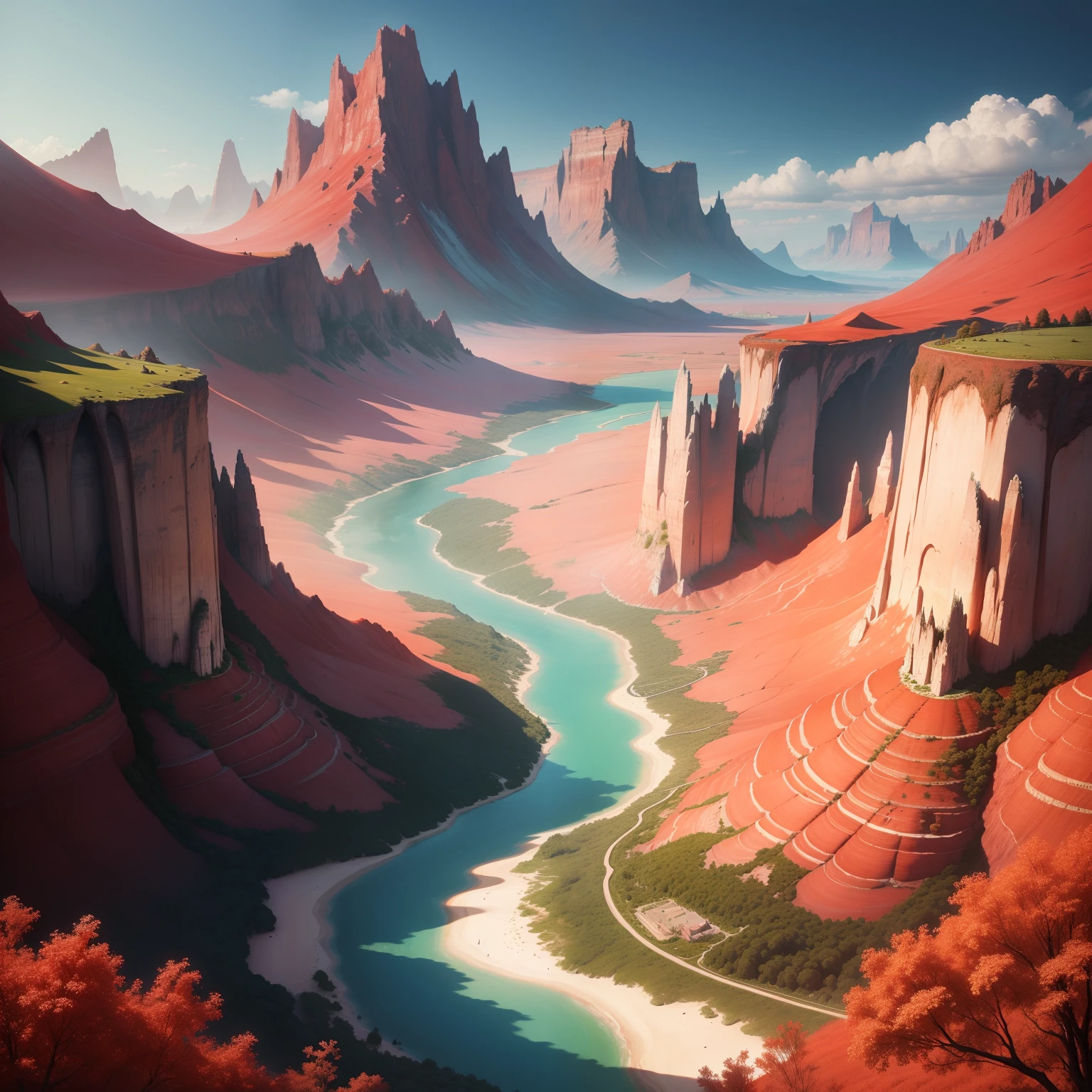 Fantasy landscape with a large river of reddish water, surrounded by mountains made of spaghetti with tomato. Trees are made of meatballs. Pintura digital. Ultra sharp. Ultra detallada