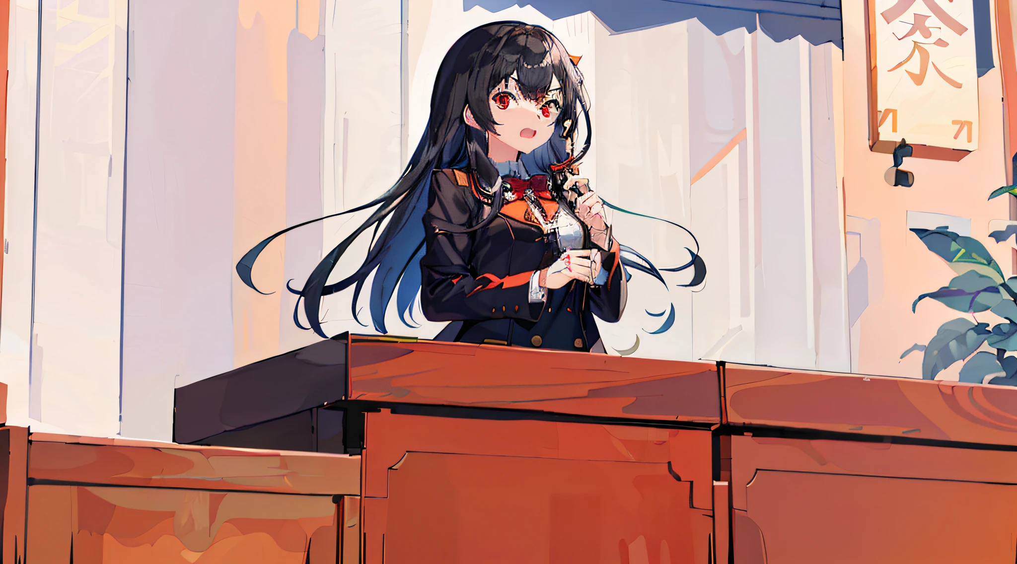 :D:1.2),One girl. (masutepiece, of the highest quality, Kyoto animation style illustration, of the highest quality, offcial art, Aesthetics, Beautiful details, :1. 2), Break, (17 years old girl), Very detailed, Extremely colorful, highest details, Break, (Medium breasts),(Red eyes:1.2),(Girl, Cute, Graceful, Black hair,long whitr hair,glistning skin, (校服,Black uniform jacket,Short black skirt),(lecture hall),(Stand behind the podium),commencement,speech,There were a lot of spectators in the audience,The girl stood on the podium,Girls are speakers,Orange bow tie,teardrop,(Be red in the face),Angry,(anger expression),