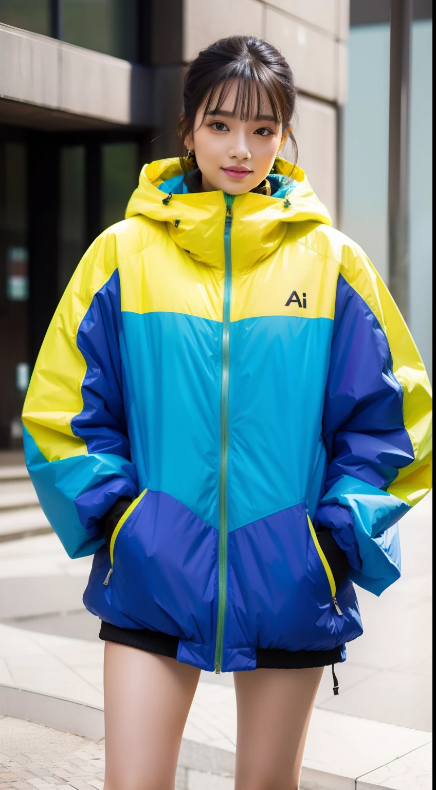AI beauty wearing brightly colored oversized outerwear