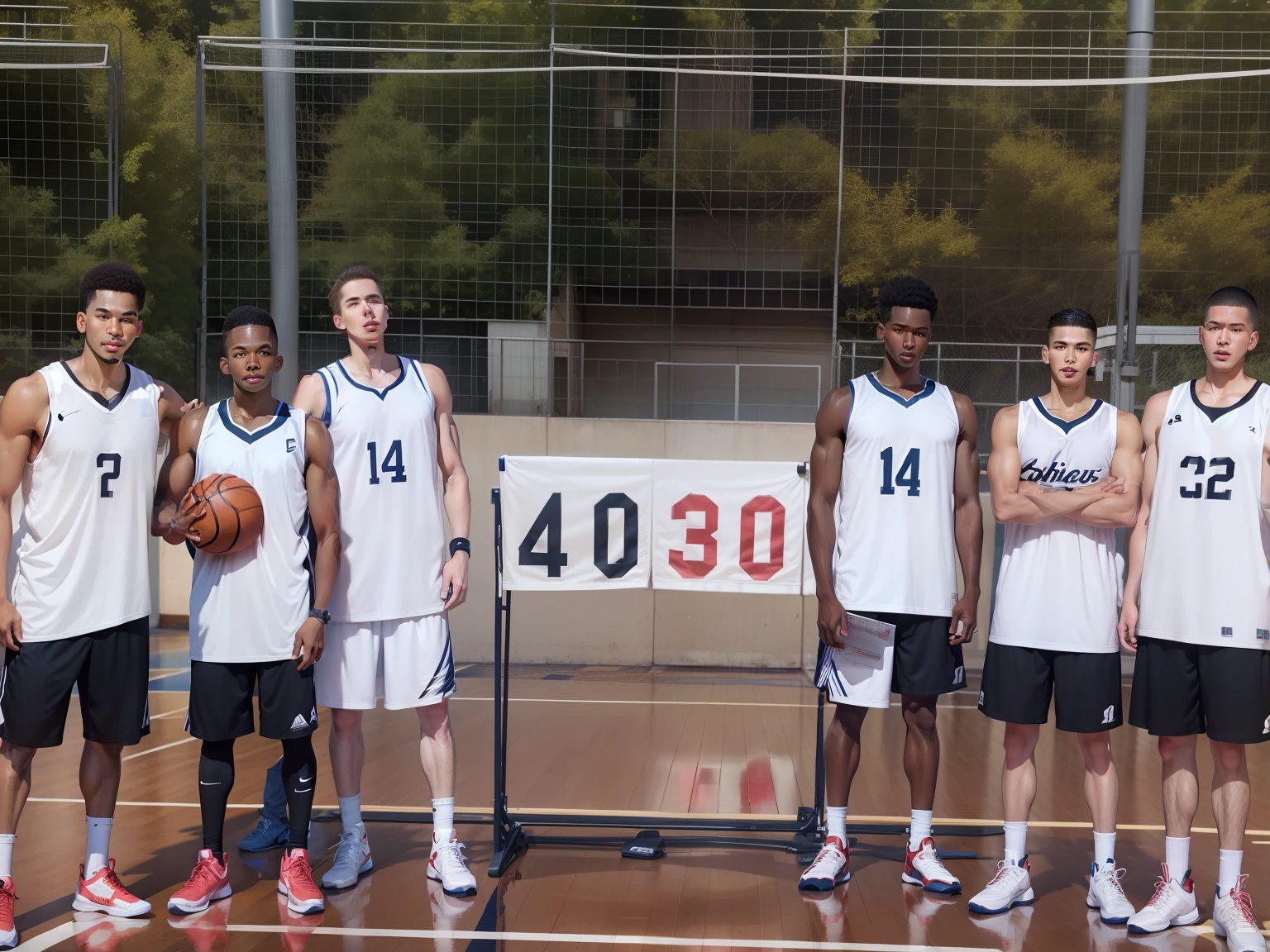 Boys on the basketball court，Wear a basketball jersey，There is a scorebook in between，40:00，photorealestic