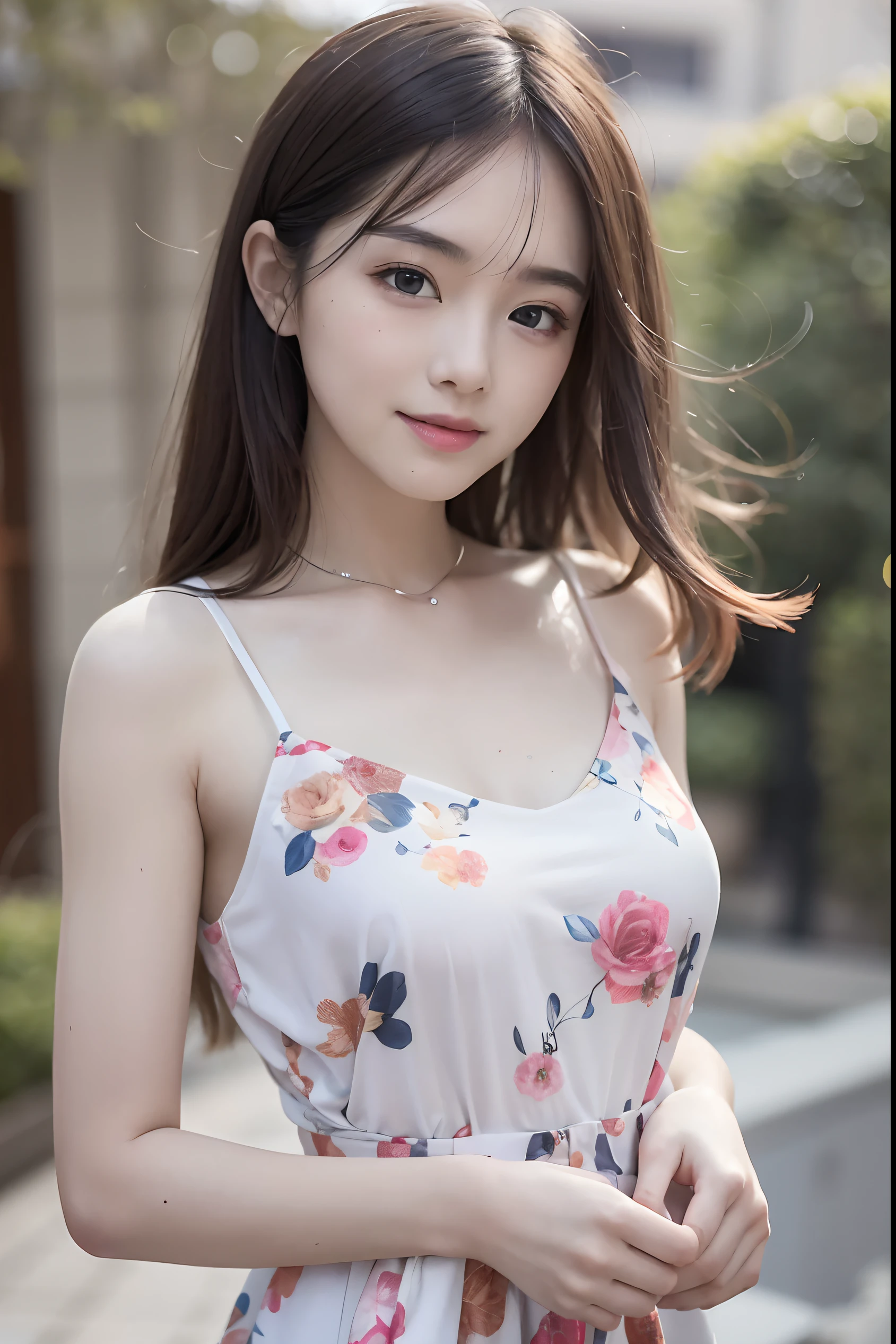 (8K RAW photo,Photorealistic:1.25),(Best quality,超高分辨率),colors full,The light is gentle,Quiet and happy girl,Focus your eyes,Rich lip gloss,Glossy glossy skin,naturalshadow,Enhanced depth of field:1.6,Background colored lights focused:1.uthful natural makeup,Cloudy day shooting,slender eyes,Cheerful expression,A distant light flashes in his eyes,24 years of age,Floral gauze dress。