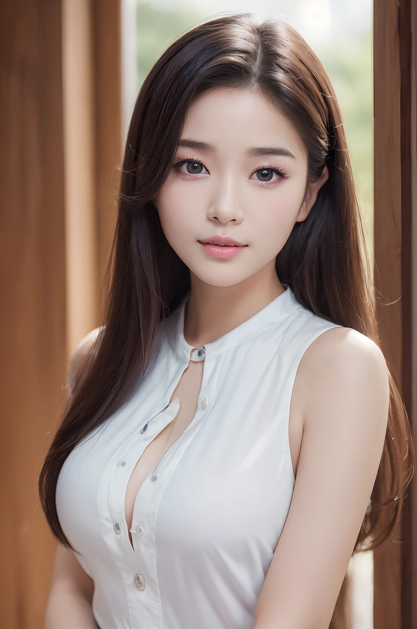 ((best qualtiy、8K masterpiece:1.3))、foco nítido:1.2、(ultra beautiful faces:1.0)、(shiny skins:1.0)、Photos realistic、brunette color hair、Video lighting、High-definition eyes and face、Video lighting、(cow boy shot:1.3)、(Korean cute actress)、From the front side、Medium large breasts、ssmile、fullnude