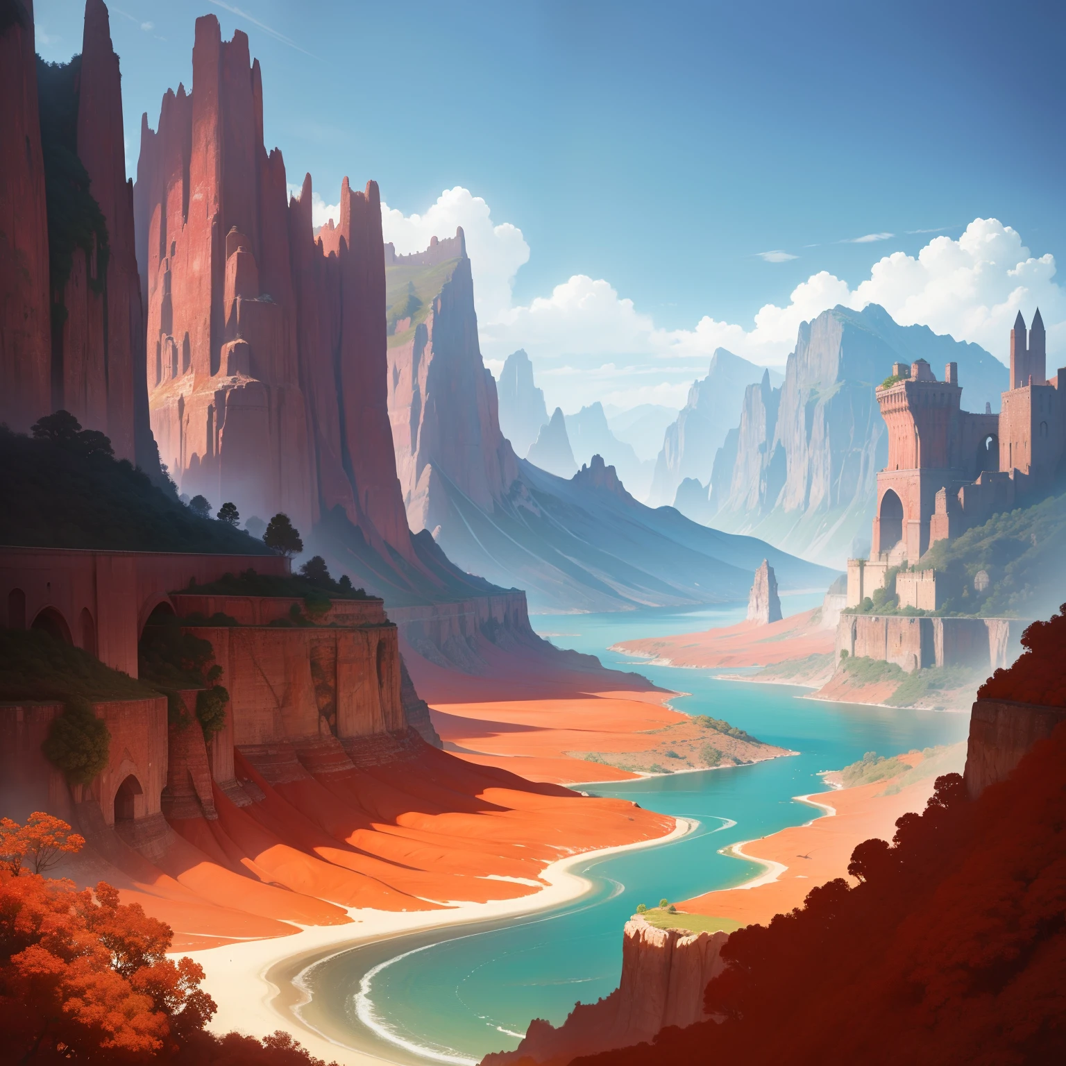 Fantasy landscape with a large river of reddish water, surrounded by mountains made of spaghetti with tomato. Trees are made of meatballs. Pintura digital. ultra sharp. ultra detallada