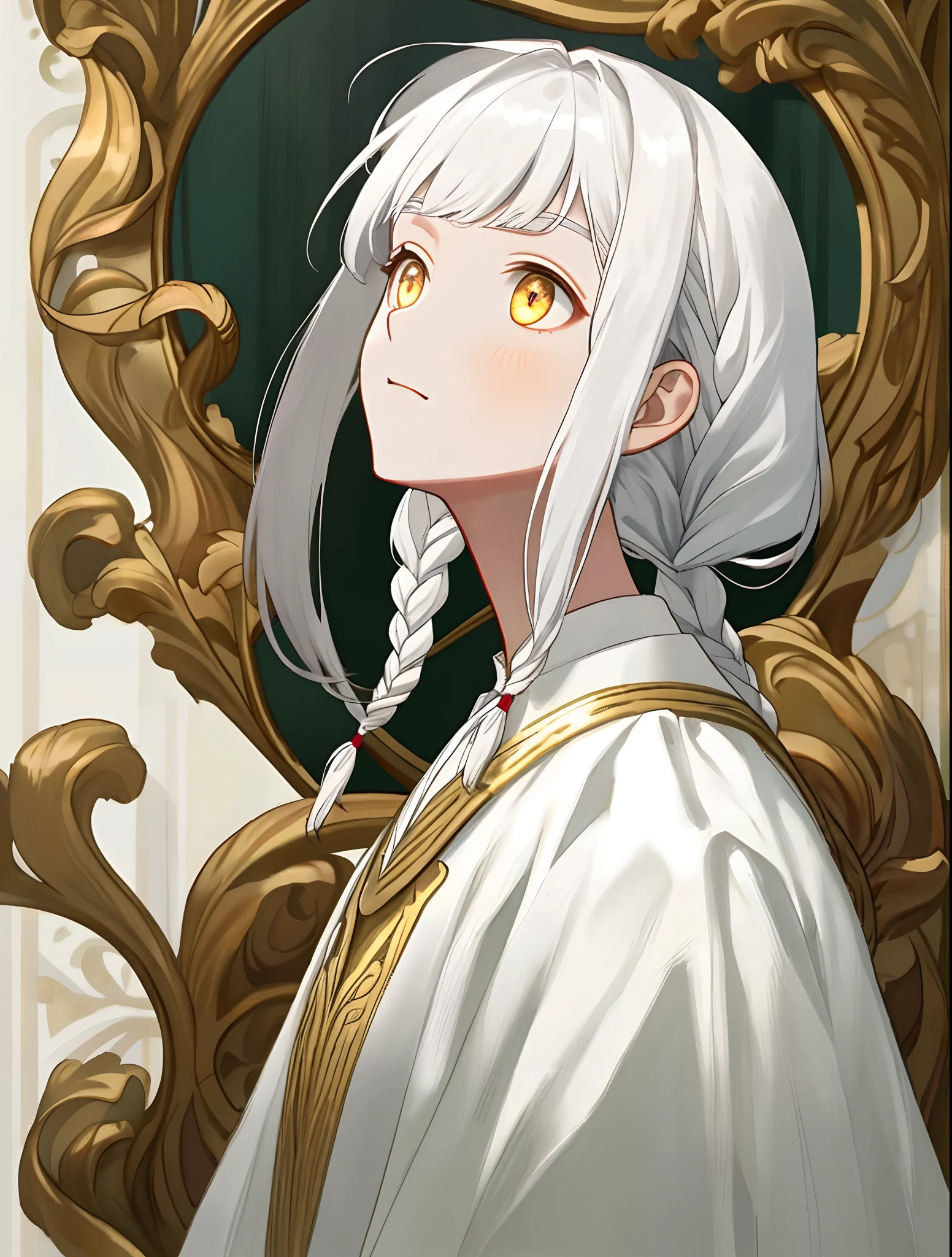 best quality, masterpiece,white hair, gold eyes,white clothes, looking up, upper body,hair strand,Fair skin,side braids