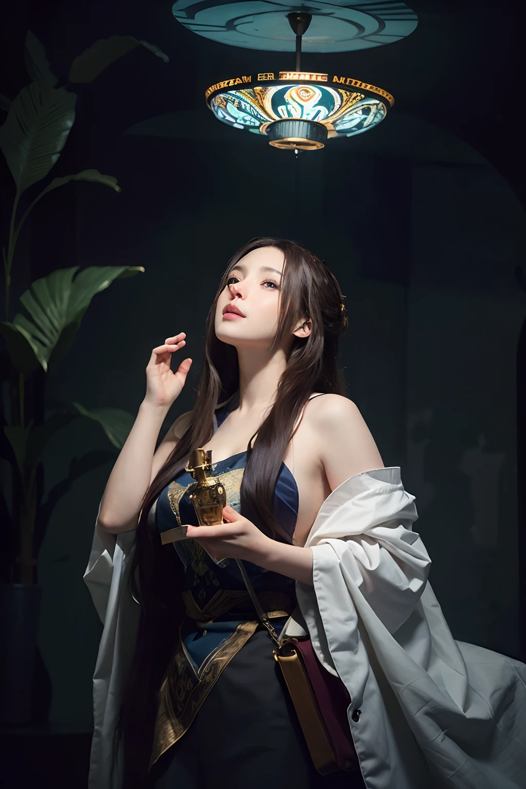 Surrealist portraits of women by David Hockney and Alphonse Mucha,Fantasyart,photographrealistic,动态照明,artstation,poster for,Volumetriclighting,Very detailed faces,4 k,Award-Awarded,,1girl,in the darkness nigth,deep shading,low tune,Cowboy photos,nakeness,long whitr hair,whaite hair,