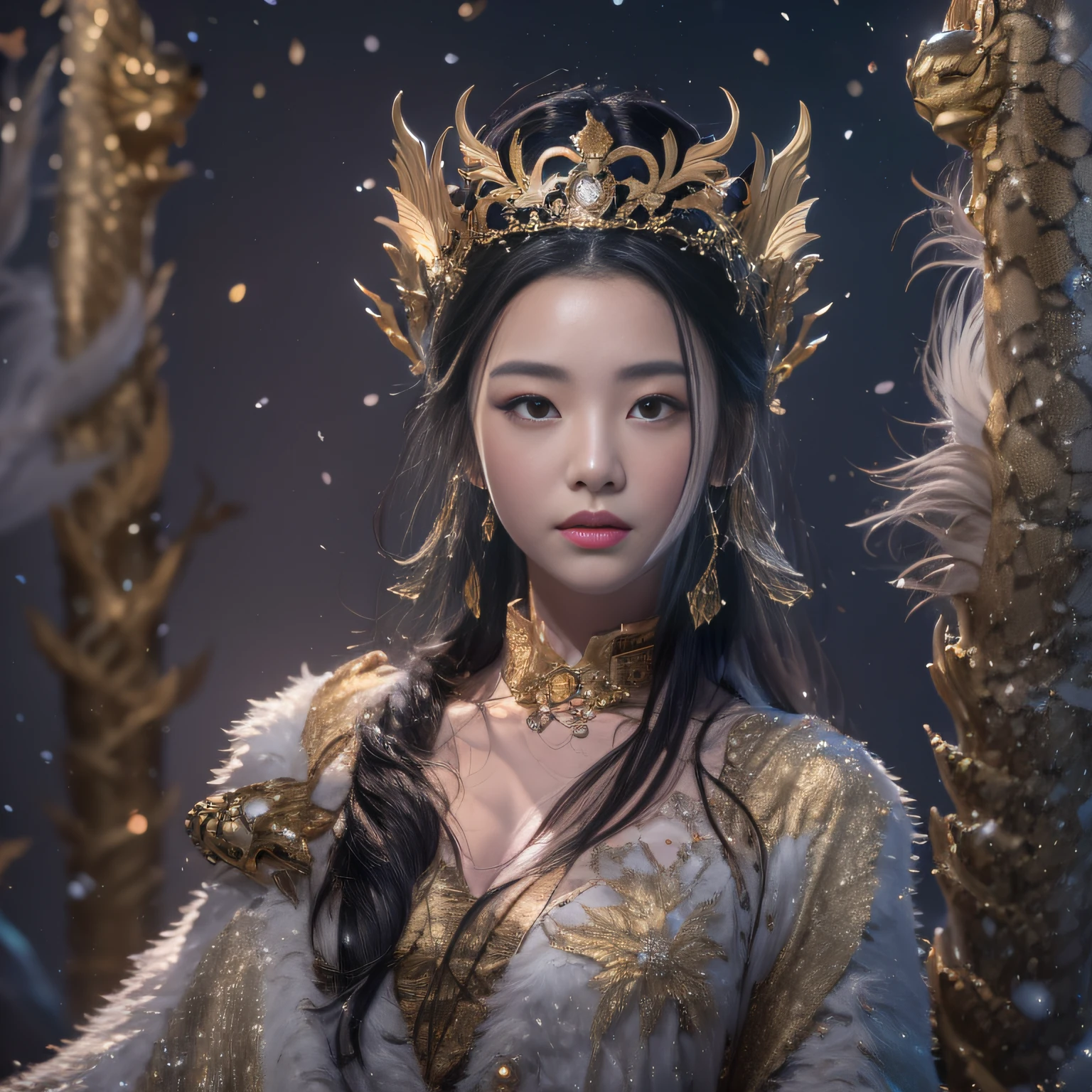 16k(tmasterpiece,k hd,hyper HD,16k)Flowing black hair,Sky City Aurora area,Snow Tubing Girl 1:60 miniatures,Squats and work,Golden Dragon Protector (realisticlying:1.4),Python robe,Purple-pink tiara,Snowflakes fluttering,The background is pure, A high resolution, the detail, RAW photogr, Sharp Re, Nikon D850 Film Stock Photo by Jefferies Lee 4 Kodak Portra 400 Camera F1.6 shots, Rich colors, ultra-realistic vivid textures, Dramatic lighting, Unreal Engine Art Station Trend, cinestir 800,