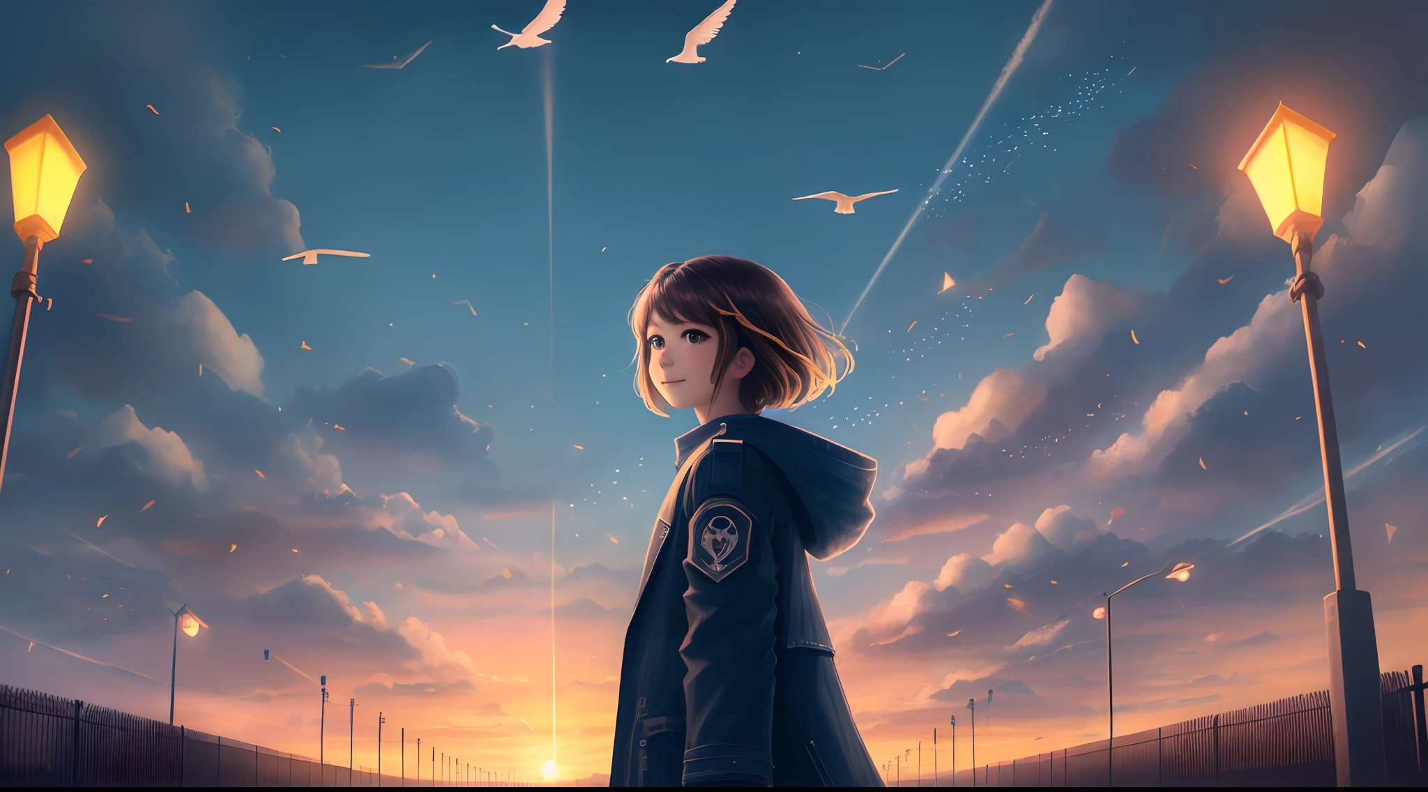 (tmasterpiece),(best qualtiy),(absurderes),(A high resolution:1.1),exteriors,highways,horizon,Dim dawn,((1girll)),Hifumi \(bluearchive\),(Solo exhibition),Light,turning around,looking at viewert,ssmile,(The halo),the street lights,with short brown hair,围巾,Wind,flying birds,Fluttering coat,Beautiful light and shadow,Dim-yellow atmosphere,Cloudless sky,...