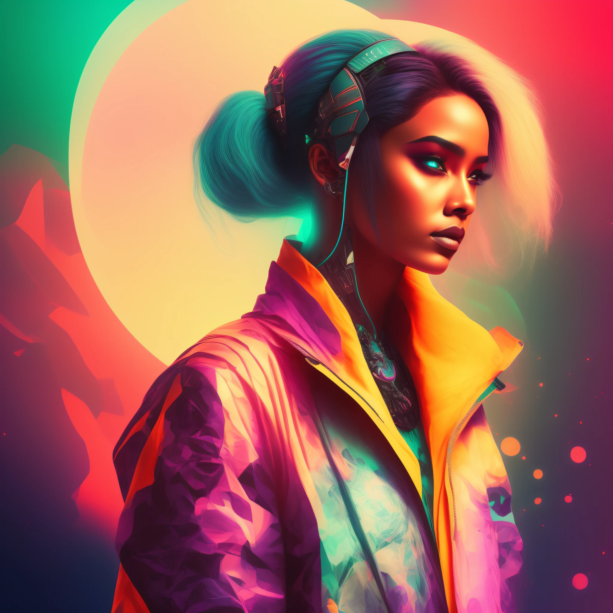 neopunk　Near Future City　female robot　a Dog　Vertical screen，scenecy，Dark color background is earth　Hair fluttering in the wind　 Portrait in cyberpunk style, Futuristic (neons: 1.1) Reflective wear, Science fiction. Altgern, Art Book, Illustration, ((dark environment)), ((Bennett)), ((nffsw)) ((Minimal color palette)), Soft tones, Soft colors, Faint color, Calm, Highly detailed pastel colors, Intricate details
