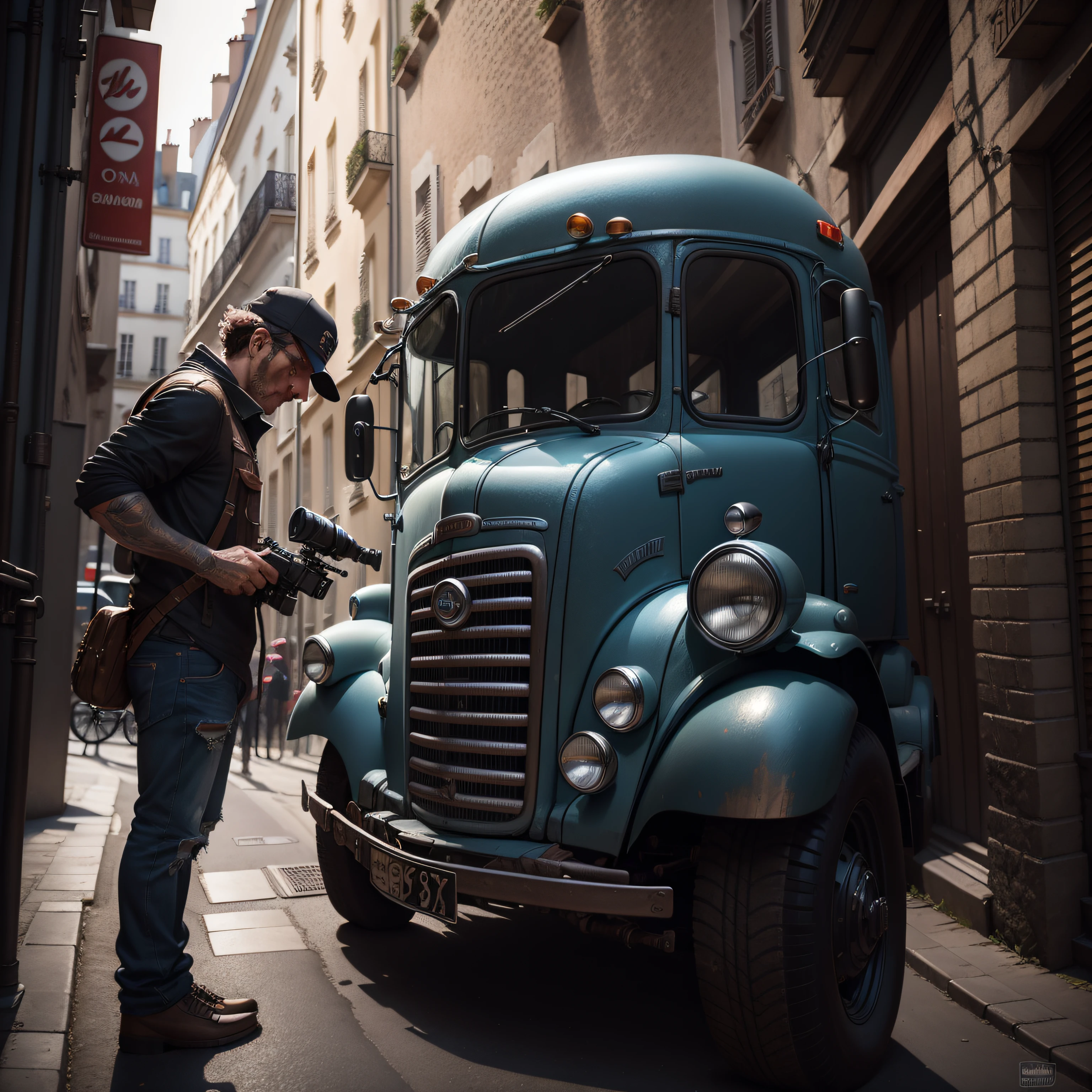 full figure of an photographer dressed as a car mechanic taking a distance reportage picture of an nice polished old European truck in an Paris alley, highly detailed photography style, intricated details, cinematic lighting, contrast lighting, dslr, insanely intricate details, amazing fine detail, hyper detailed, sharp focus, ultra high res