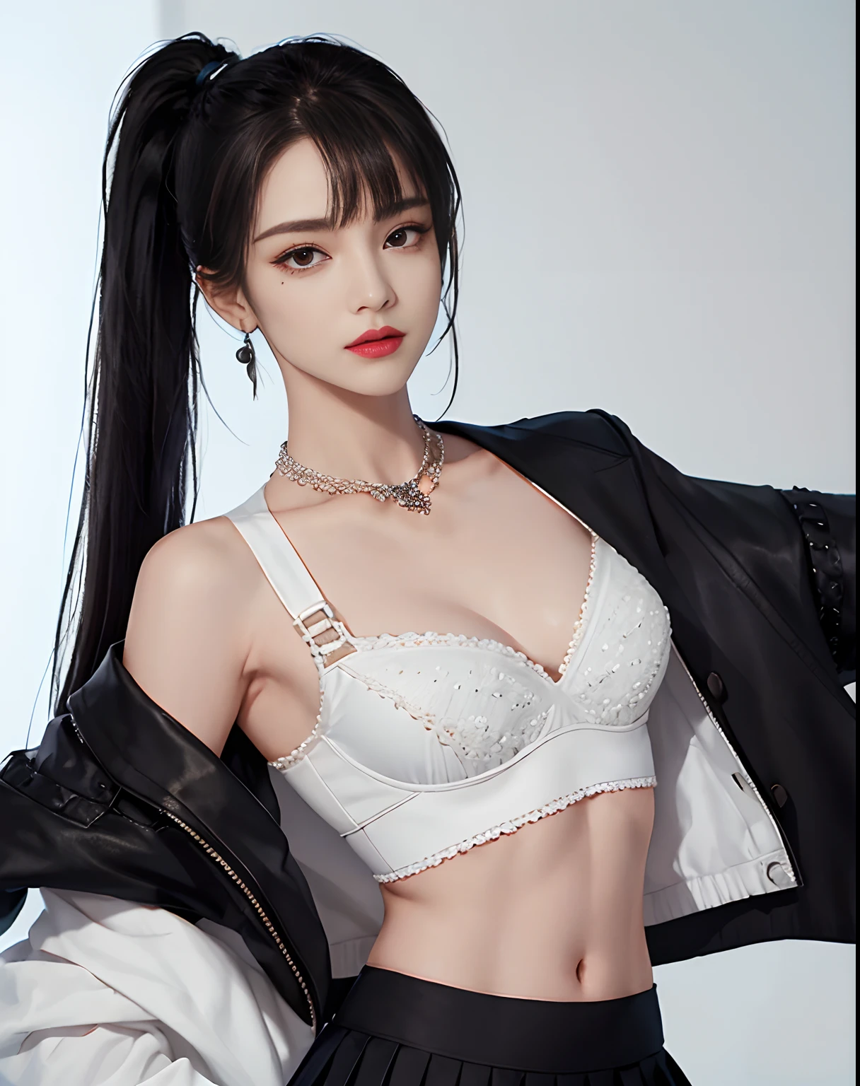 (Masterpiece, Best Quality, 1 Girl, Solo, Intricate Detail, Chromatic Aberration), (Reality), (Skin), 1 Girl Shizuku High Ponytail, ((Middle Breath)), (Brunet, Blunt Bangs), Detailed Hair, Red Heador, Blue Highlight, Hair More Than One Eye, Red Eye, Small Earrings, Sharp Eyes, Necklace, ((Black Crop Top Openwork)), (Symmetrical Eyes), (Perfectly Symmetrical Body), ((Natural Light))), Backlit, against gray walls, dim lighting, standing, (looking at the audience), ((Center shot, from the front, (face and waist) pronounced chest line Deep V realistic, high resolution, 1 girl, black wavy hair, small mole under the eyes, white shirt, black pleated skirt, pronounced chest line, long legs, tight abs, dynamic pose, catwalk Chest line Black pleated skirt Jacket revealing white bra Navel eyes High ponytail