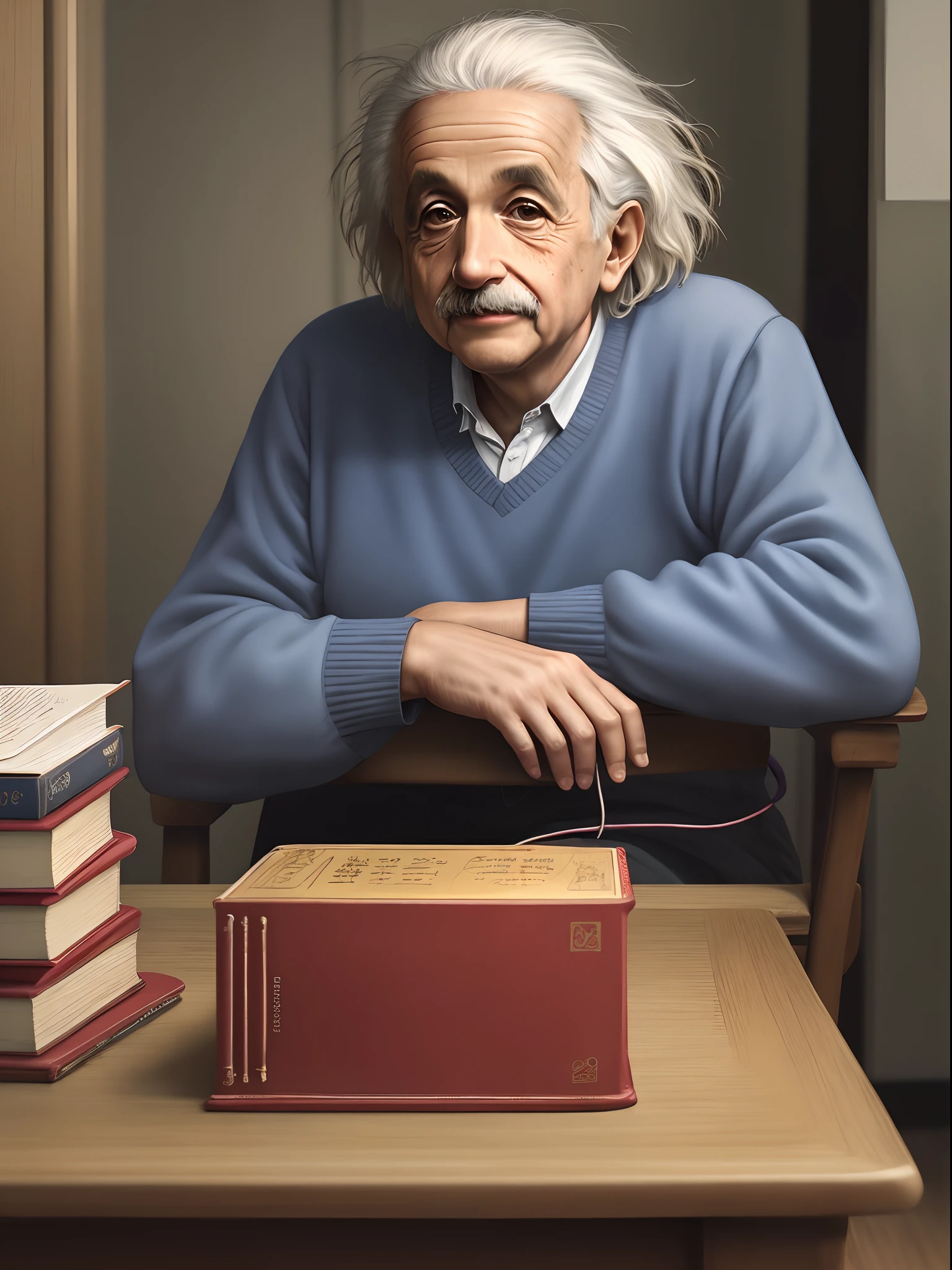 Albert Einstein sentado em uma cadeira