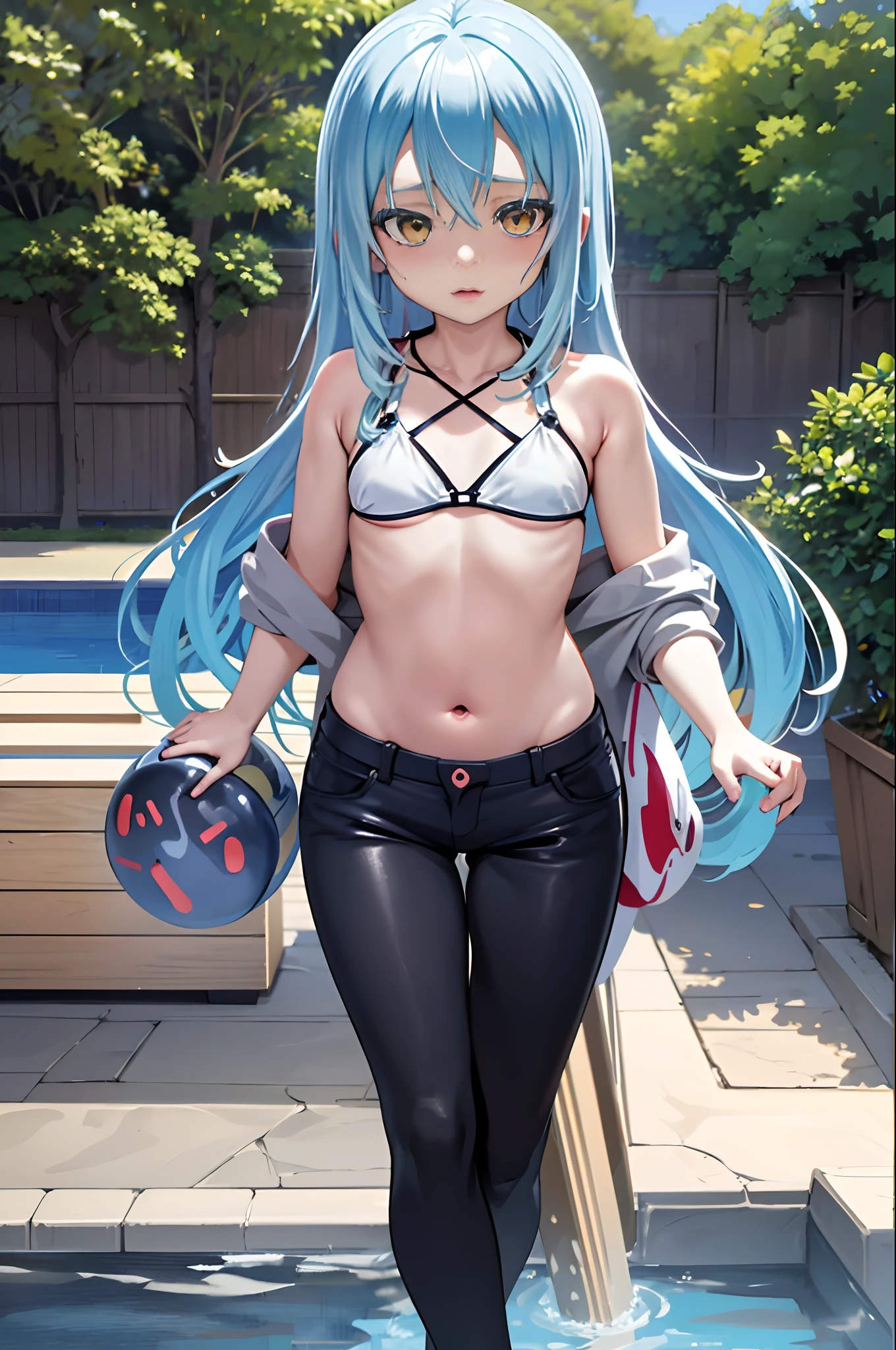 Anime in a bikini with horns and , anime sedutora, Rimuru tempest ,Realistic bikini, Oppai proportions, small curvy , Oppai, biomechanical oppai, is wearing a swimsuit, thicc, pintado em anime painter studio, arte cg anime suave, feito com anime painter studio, kantai collection style, ao lado de uma piscina