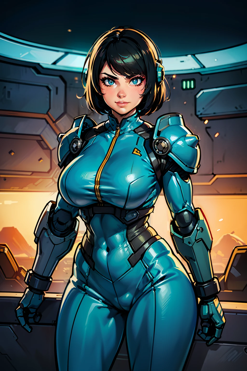 heroic woman wielding large pistol, handgun, pistol, gun, sexy, professional artwork, detailed eyes, beautiful eyes, beautiful face, flawless face, gorgeous face, smooth features, large breasts, blush, thick thighs, beautifully detailed background, chubby, thick, curvaceous, voluptuous, thick thighs, wide hips, belly, soft, full figure, big beautiful woman, pudgy, sci-fi, science fiction, future, neon lights, space ship interior, space ship, space, space visible through window, outer space, mechanical background, power armor, power suit, armored, armor, cyberpunk, cyborg, cyborg woman, cybernetics, cybernetic, robot, robotic arm, robotic leg, smiling, short hair, black hair, black armor, metroid, metroid prime, cocky smile, dodging attack