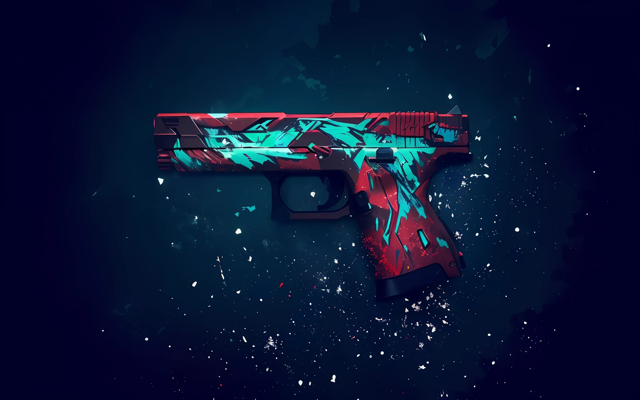 There is a gun painted red and blue on a black background, pistola surreal bonita, Pistola de airsoft colorida, papel de parede 4k, papel de parede 4K, arma realista, Splatter, trabalho de pintura realista, 4 K HD Wallpaper C 1 7, design realista da arma, Hand Painted Style, epic art style, arte digital altamente detalhada, arma, Resumo de alta qualidade, arte digital altamente detalhada
