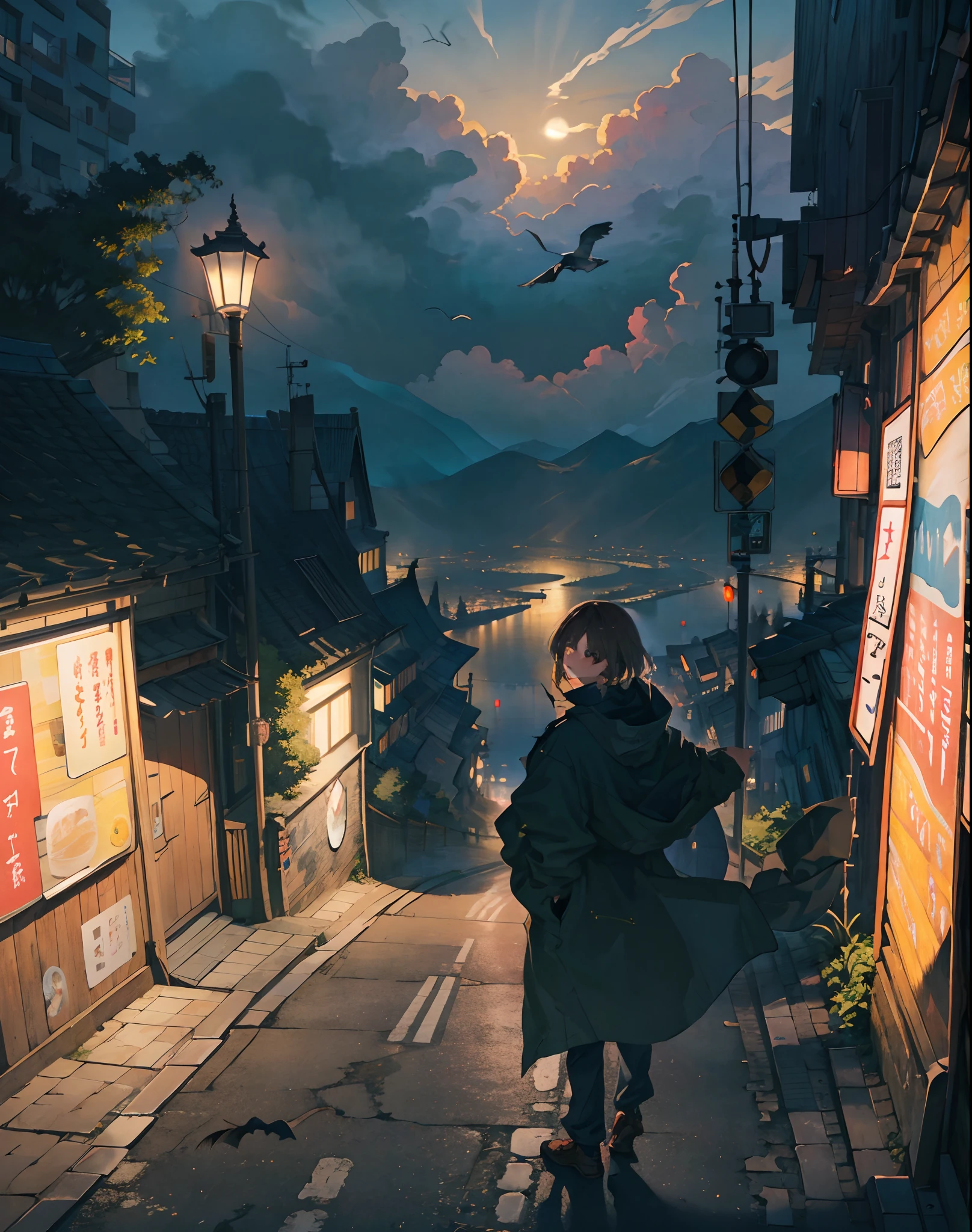 (tmasterpiece),(best qualtiy),(absurderes),(A high resolution:1.1),exteriors,highways,horizon,Dim dawn,((1girll)),(Solo exhibition),Light,Turning around,looking at viewert,ssmile,(The halo),the street lights,with short brown hair,围巾,Wind,Flying birds,A flowing coat,Beautiful light and shadow,Dark yellow atmosphere,cloudless sky,...