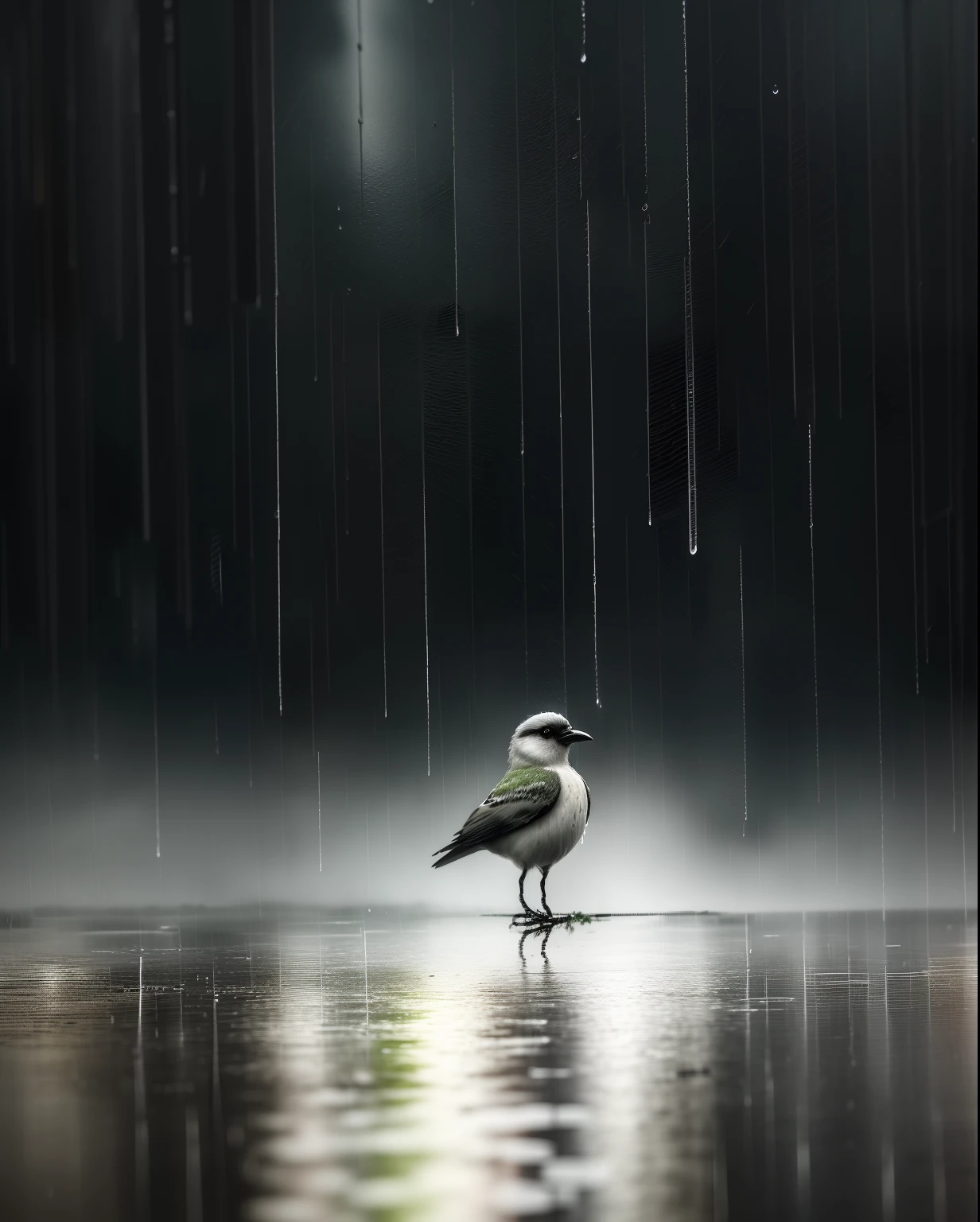 there is a bird that is standing in the rain, rain aesthetic, rainy and gloomy atmosphere, rainy scene, it is raining heavily, rain falling, rainy environment, rainy and wet atmosphere, pouring rain, heavy rainfall, heavy raining, rainy weather, rain falls, rainy day outside, overcast! cinematic focus, rain splashing, rainy outside, in a rainy environment