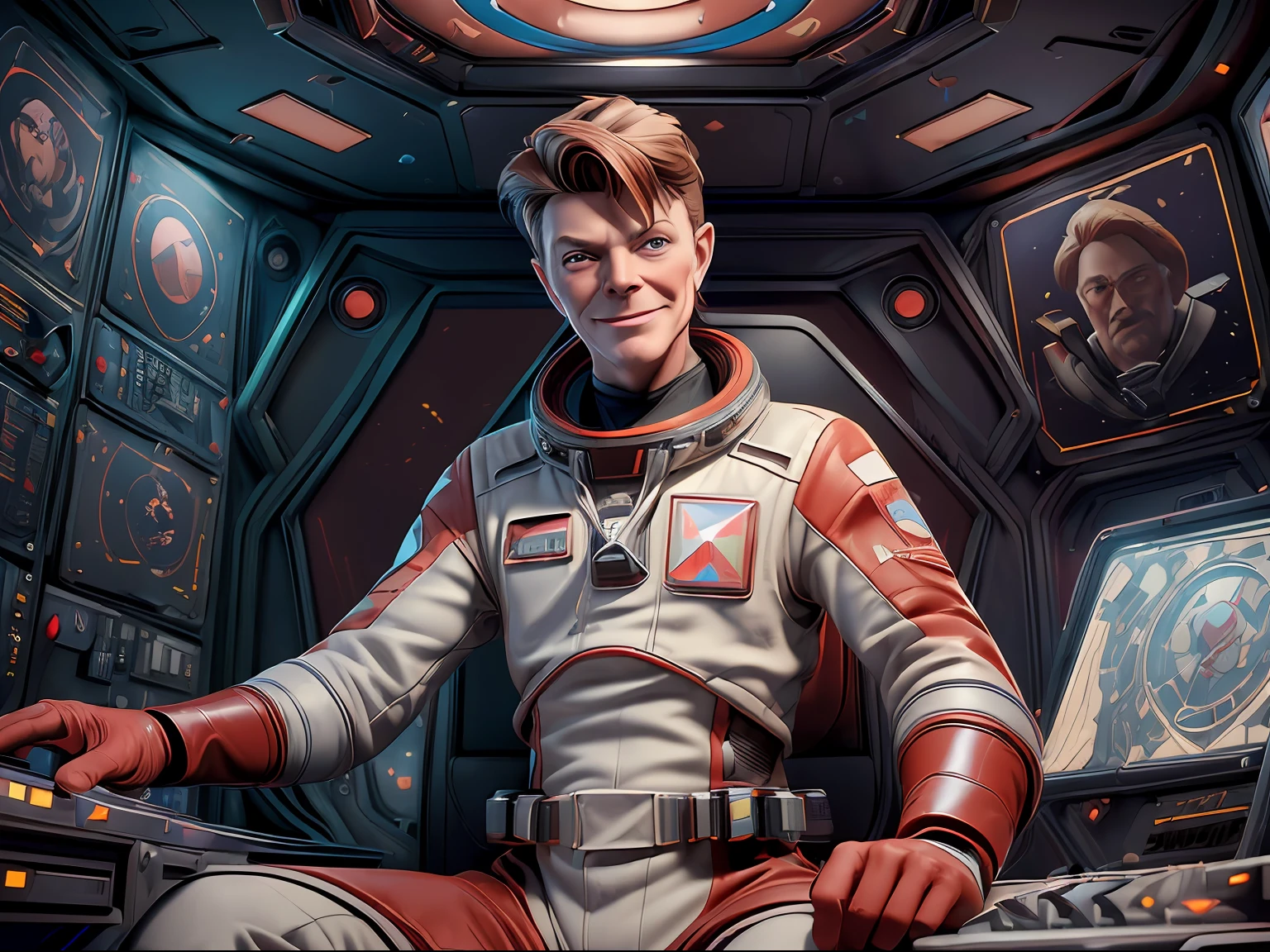 (masterpiece, best quality, illustration, unreal engine 5, official art:1.3), Rich Red color scheme, Don Lawrence hyper realistic picture of (David Bowie) as smiling Major Tom, a technocratic, omnivorous, iridescent, astronaut commander, (sitting in a starbase control room:1.2),detailed face, detailed hair, detailed eyes, perfect fingers, insanely intricate detail, absurdres, 8k