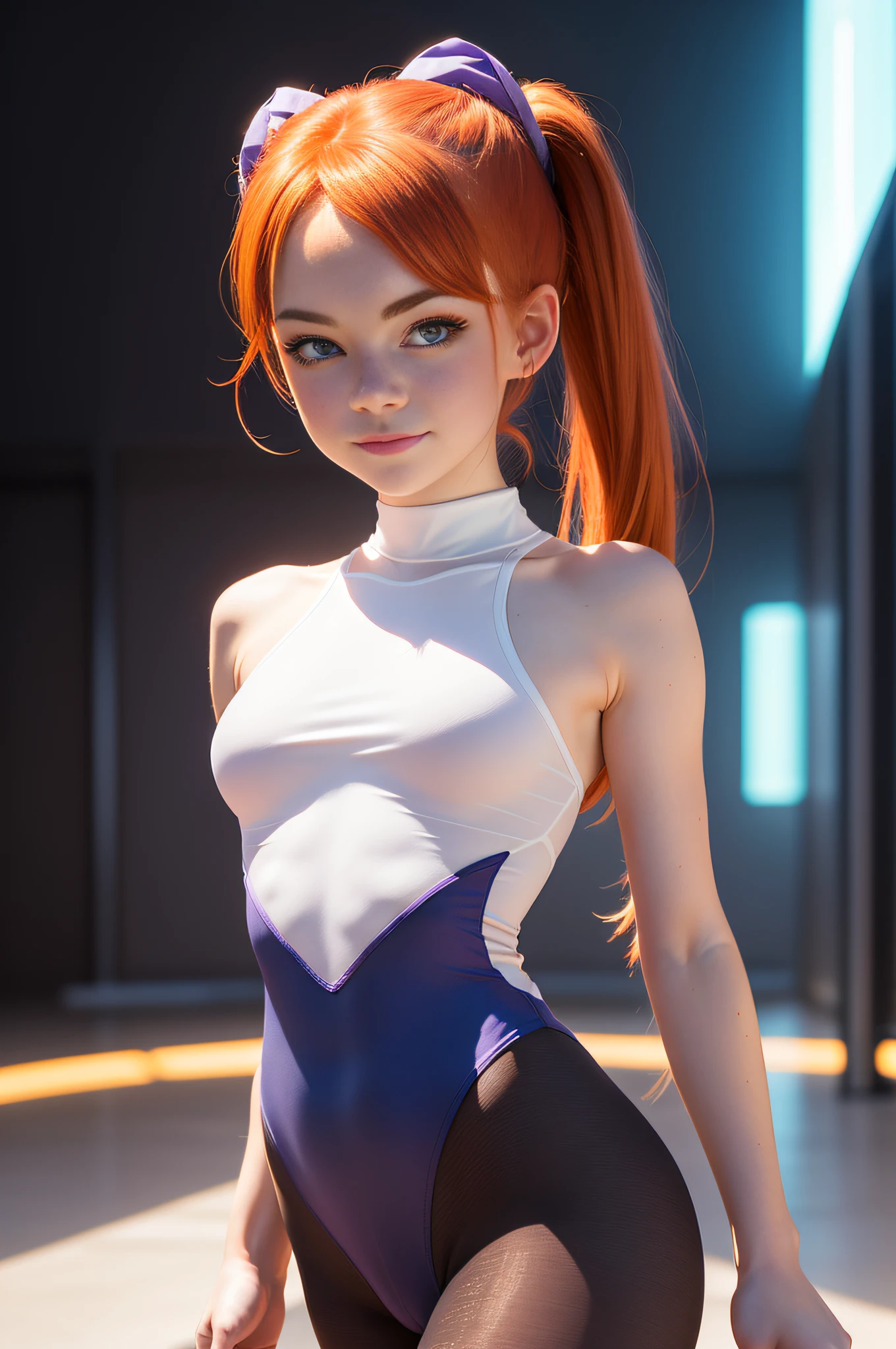 1 girl, solo, (cute 16-year-old redhead EmmaStone in twin tails), Ukrainian, multiple (luminous rainbow colored hair: 1.2), ((perfect body: 1.6)) (beautiful detailed eyes: 1.6), (photo realistic eyes: 1.6), (ice-blue, "Emma Stone" type, eyes: 1.6), happy and smiling, (petite gymnast body), ((gymnast body, beautiful full round breasts, small head, dainty hands: 1.6)), (shy cute pose), (pale white skin), ((pastel purple cotton leotard: 1.6)), with (smooth pantyhose leotard: 1.6), (dark, tron style background), high tech, (wide angle lens), colorful neon lighting, ((very dark sky)), futuristic city, photo realistic, hyper detailed.