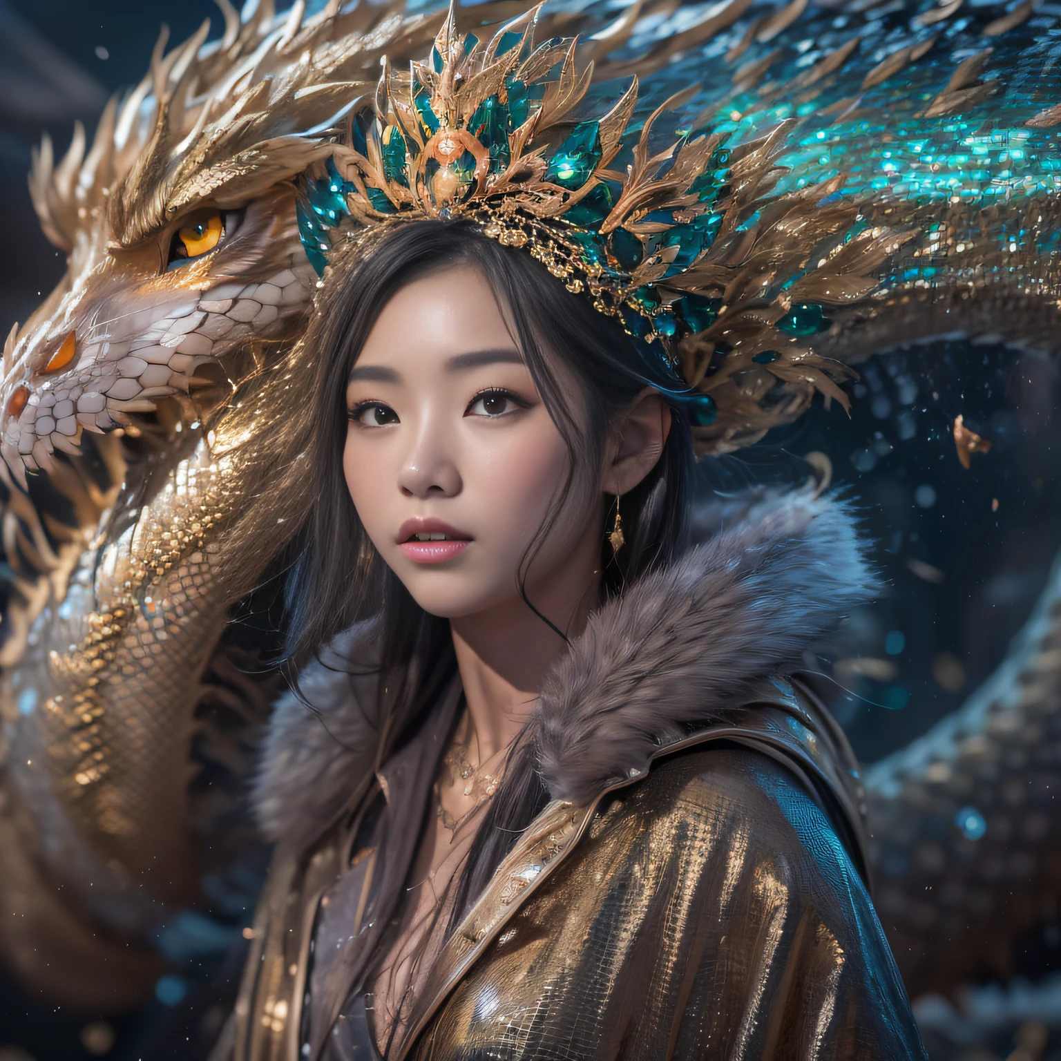16k（tmasterpiece，k hd，hyper HD，16k）short detailed hair，Sky City area，Snow Tubing Girl 1：60 miniatures，Squats and work，Golden Dragon Protector （realisticlying：1.4），Python robe，Purple-pink tiara，Snowflakes fluttering，The background is pure， A high resolution， the detail， RAW photogr， Sharp Re， Nikon D850 Film Stock Photo by Jefferies Lee 4 Kodak Portra 400 Camera F1.6 shots, Rich colors, ultra-realistic vivid textures, Dramatic lighting, Unreal Engine Art Station Trend, cinestir 800，