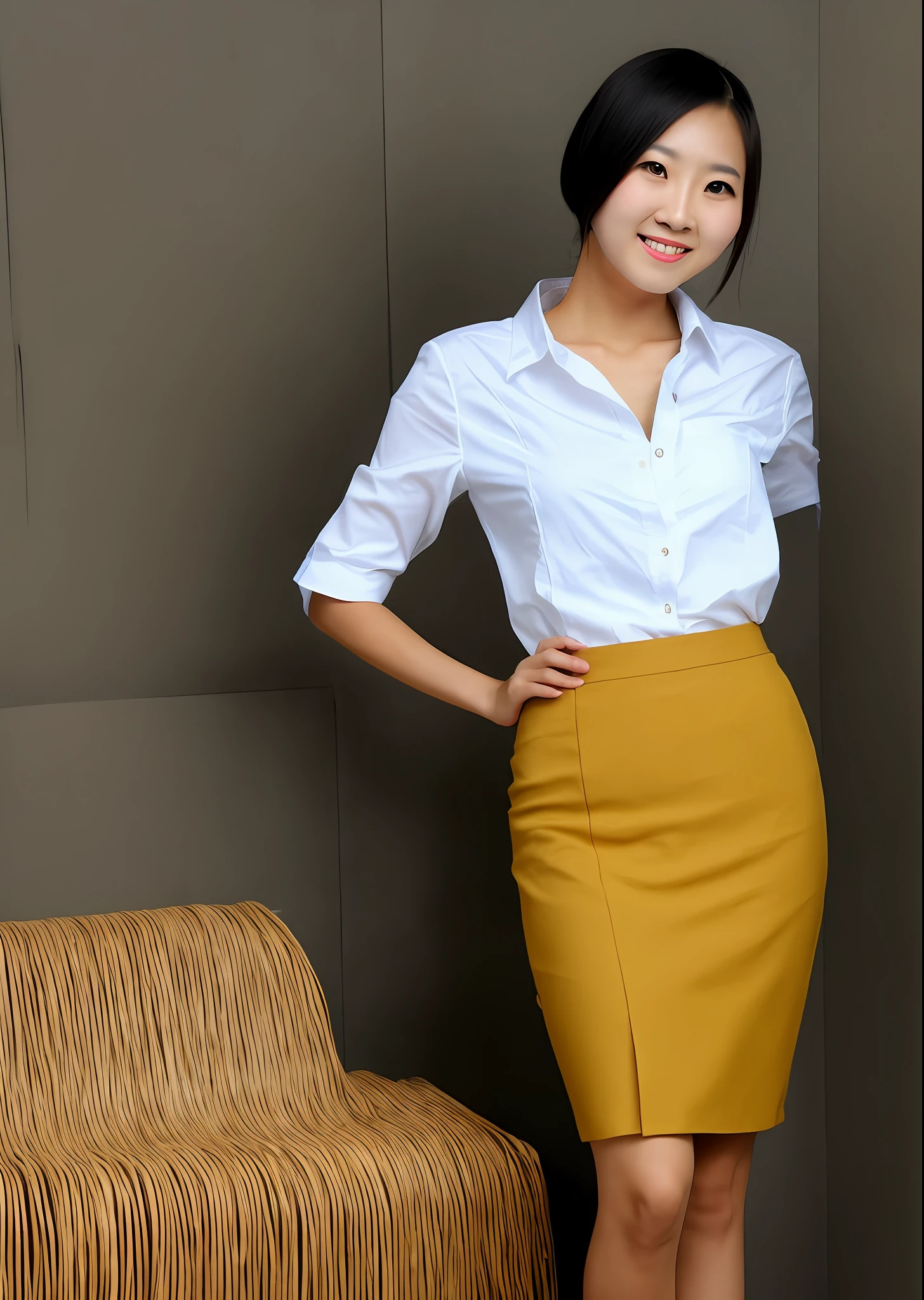 A beautiful woman with wheat-colored skin in a short Japanese skirt