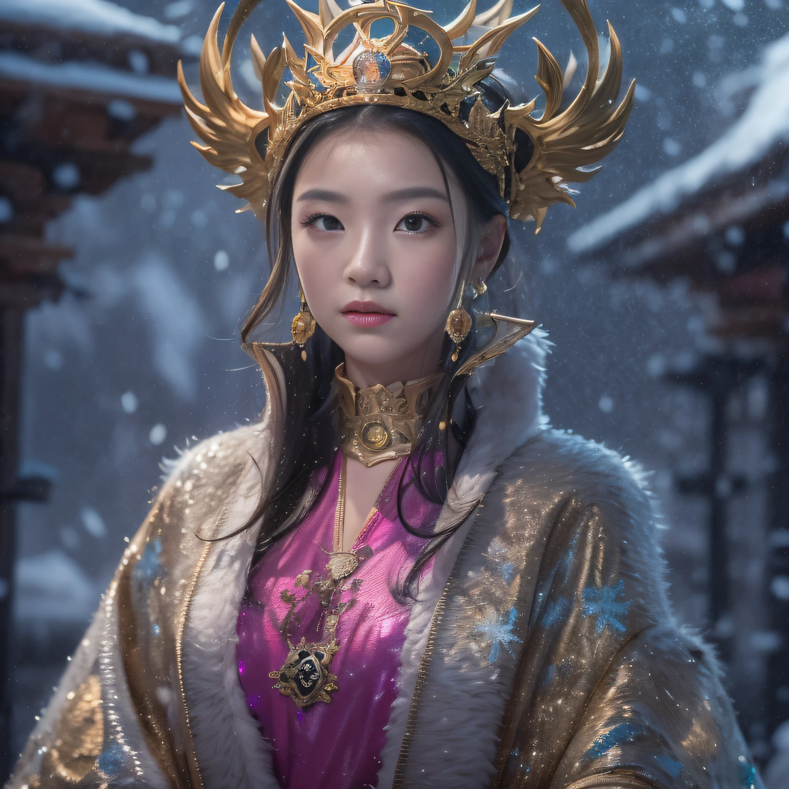 16k（tmasterpiece，k hd，hyper HD，16k）short detailed hair，Sky City area，Snow Tubing Girl 1：60 miniatures，Squats and work，Golden Dragon Protector （realisticlying：1.4），Python robe，Purple-pink tiara，Snowflakes fluttering，The background is pure， A high resolution， the detail， RAW photogr， Sharp Re， Nikon D850 Film Stock Photo by Jefferies Lee 4 Kodak Portra 400 Camera F1.6 shots, Rich colors, ultra-realistic vivid textures, Dramatic lighting, Unreal Engine Art Station Trend, cinestir 800，