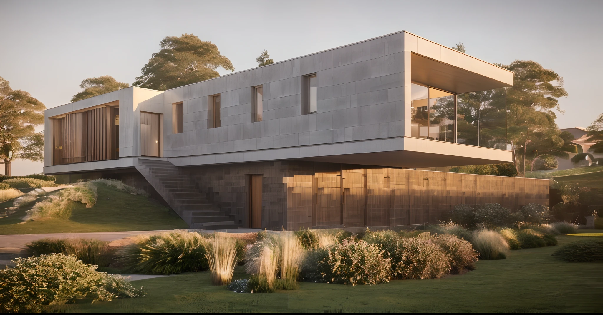 Beautiful casa Moderna, a rendering of a modern villa with big glass windows, very realistic 3d render, 3 d vray render , red concrete, facade elevation view, professional render, high quality render, Red plaster PRB texture, red marble PRB 16k textured, asphalt old road, interlock tile walkway, rec marble , Ray tracing, reflecting on glass,(translucent white glass),contemporary minimalist style