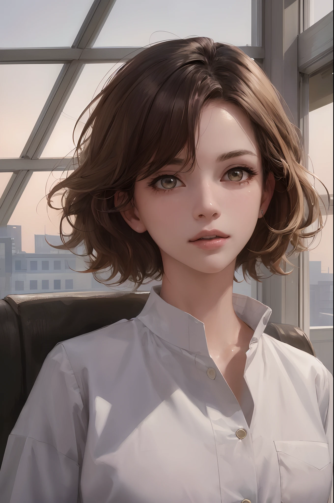 (airport:1), afternoon, (doctor gown:1), bright brown fringe short hair, light brown eyes, 1girl, 20 years old, innocent, (photorealistic), (intricate details:1.2),(masterpiece, :1.3),(best quality:1.4), (ultra highres:1.2), ultra high res, (detailed eyes), (detailed facial features), HDR, 8k resolution, (lens flare:0.7), turn around, busy on examine report, face viewer