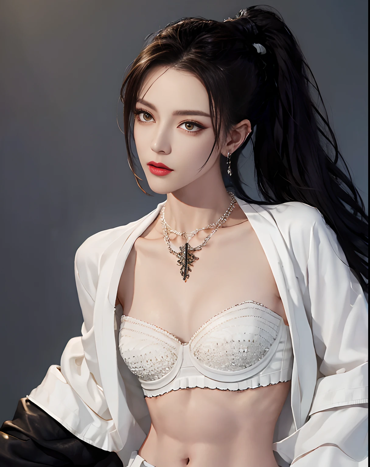 (Masterpiece, Best Quality, 1 Girl, Solo, Intricate Detail, Chromatic Aberration), (Reality), (Skin), 1 Girl Shizuku High Ponytail, ((Middle Breath)), (Brunet, Blunt Bangs), Detailed Hair, Red Heador, Blue Highlight, Hair More Than One Eye, Red Eye, Small Earrings, Sharp Eyes, Necklace, ((Black Crop Top Openwork)), (Symmetrical Eyes), (Perfectly Symmetrical Body), ((Natural Light))), Backlit, against gray walls, dim lighting, standing, (looking at the audience), ((Center shot, from the front, (face and waist) pronounced chest line Deep V realistic, high resolution, 1 girl, black wavy hair, small mole under the eyes, white shirt, black pleated skirt, pronounced chest line, long legs, tight abs, dynamic pose, catwalk Chest line Black pleated skirt Jacket revealing white bra Navel eyes High ponytail