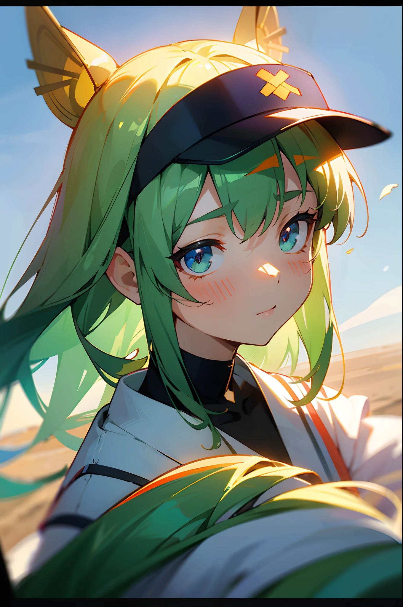 A visor is worn on the head, dual horsetail, 10-year-old girl, 4/3 side faces, There is the sun in the sky, gradient eyes, jitome, anime, drop shadow, stereogram, chromatic aberration, tachi-e, close-up, bokeh, Wide-Angle, ccurate, UHD, masterpiece, textured skin, 4K --auto