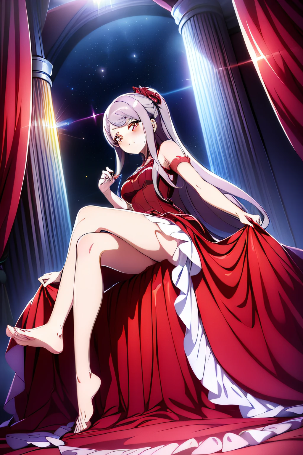 (((Best quality))), ((Ultra-detailed)), ((illustration)), ((Disheveled hair)), ((frilld)), (1 girl), (Solo),Red_dress,long_dress,Bare_Feet,Feet,Sitting,Crossed_Legs,Rating:safe,