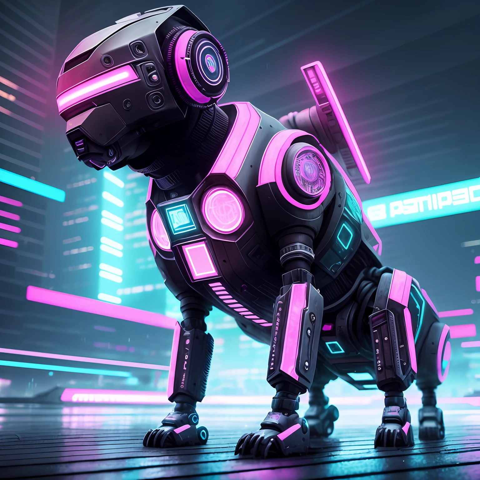neonpunk Cidade futuristica Create breathtaking masterpieces with amazing effects, Robot dog standing, Use a Bitcoin necklace, Wet, (Cyberpunk:1.1), rain, epic realistic, rootkowski, NFFSW, Intricate details, hyper-detailing, Cinematic, rim-light, Pastel color DE