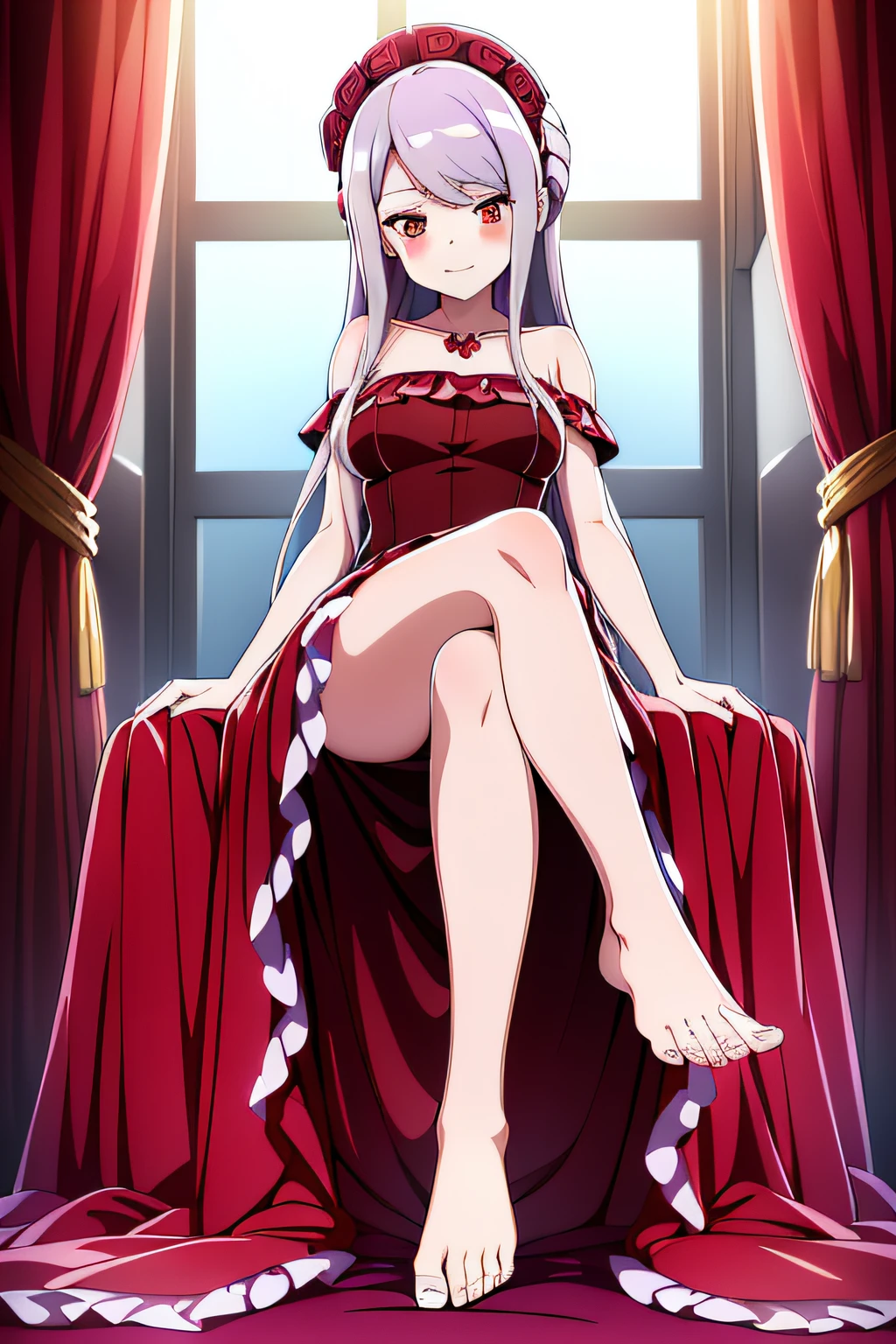 (((Best quality))), ((Ultra-detailed)), ((illustration)), ((Disheveled hair)), ((frilld)), (1 girl), (Solo),Red_dress,long_dress,Bare_Feet,Feet,Sitting,Crossed_Legs,Rating:safe,