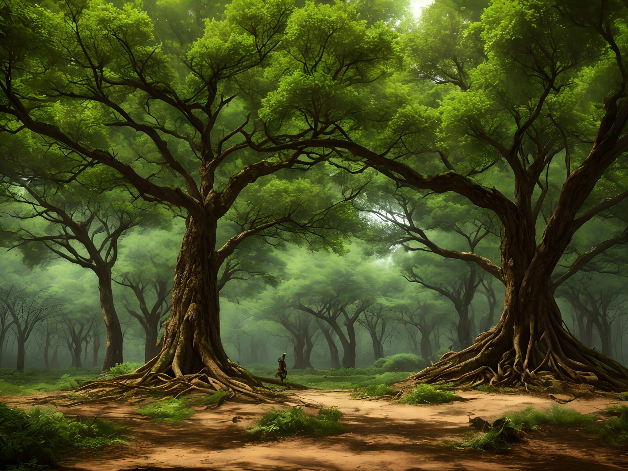 Next to a large tree there was a warrior who fell under a pool of blood,The tree is a locust tree,Floating locust flowers,Behind is the endless darkness of the forest inside
