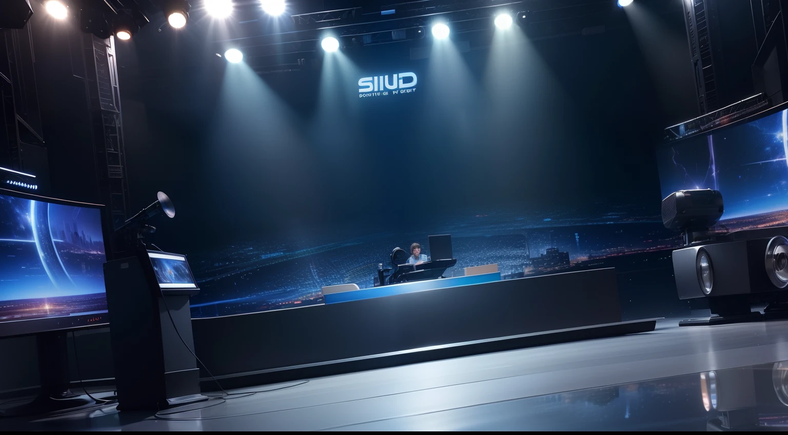 news broadcast, tv studio, Broadcast table，tv show, virtual set, Blue studio background, 4K studio photos