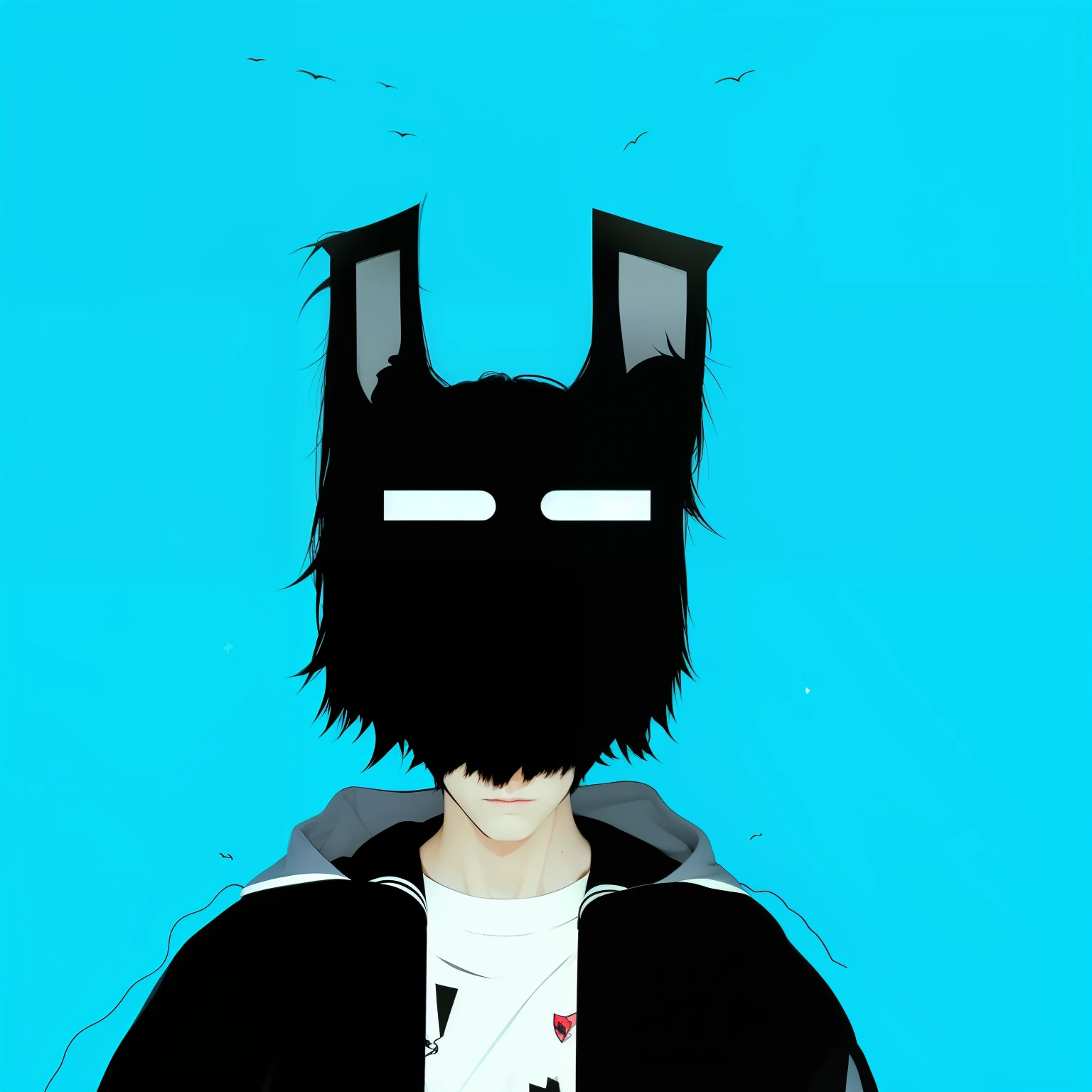 1boy, slightly long hair, dark brown hair color, some strands of gray hair, wearing a black rabbit mask with white eyes without a mouth covering his entire face, black jacket with the lightning logo, with a black shirt, cream skin, realistic, ultra detail, 70mm lens,