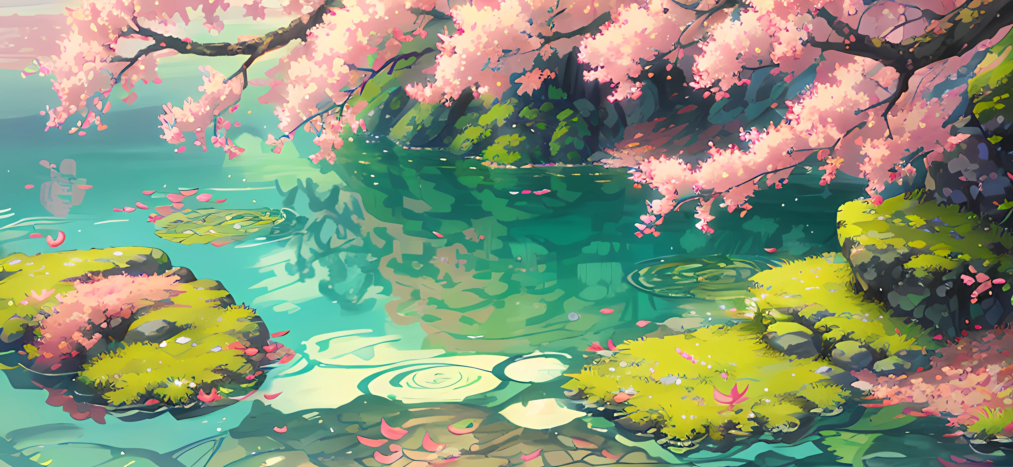 Chinese ancient times, spring, jungle, ((pink leaves in the air)) lake, cave, waterfall, tree, meadow, rock, deer, hot spring, water vapor, (illustration: 1.0), epic composition, realistic lighting, HD details, masterpiece, best quality, (very detailed CG unified 8k wallpaper)