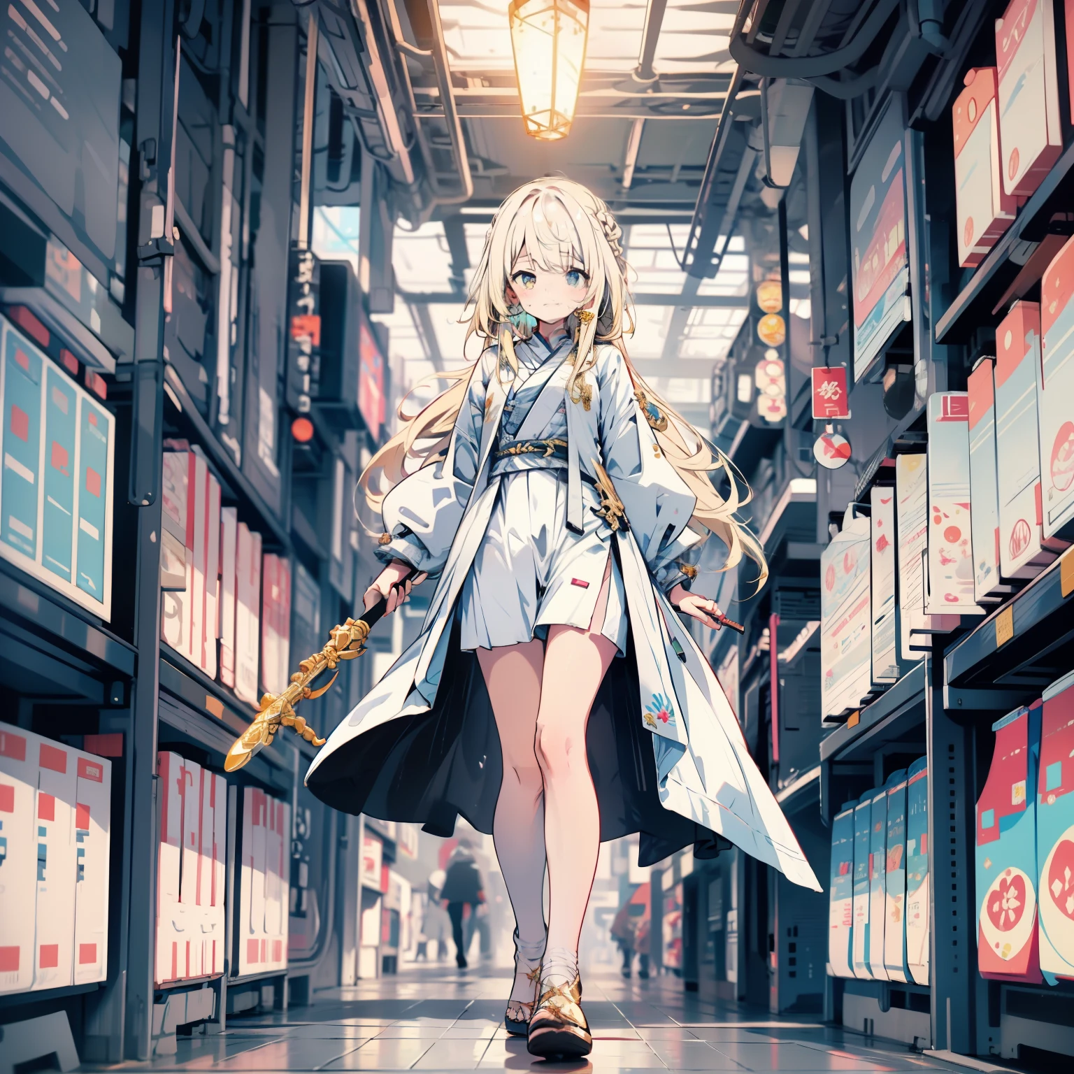 ,holding a staff,Wearing a white-gold dress,coiffed blonde hair,gold eyes,There is a magic array under the feet。
