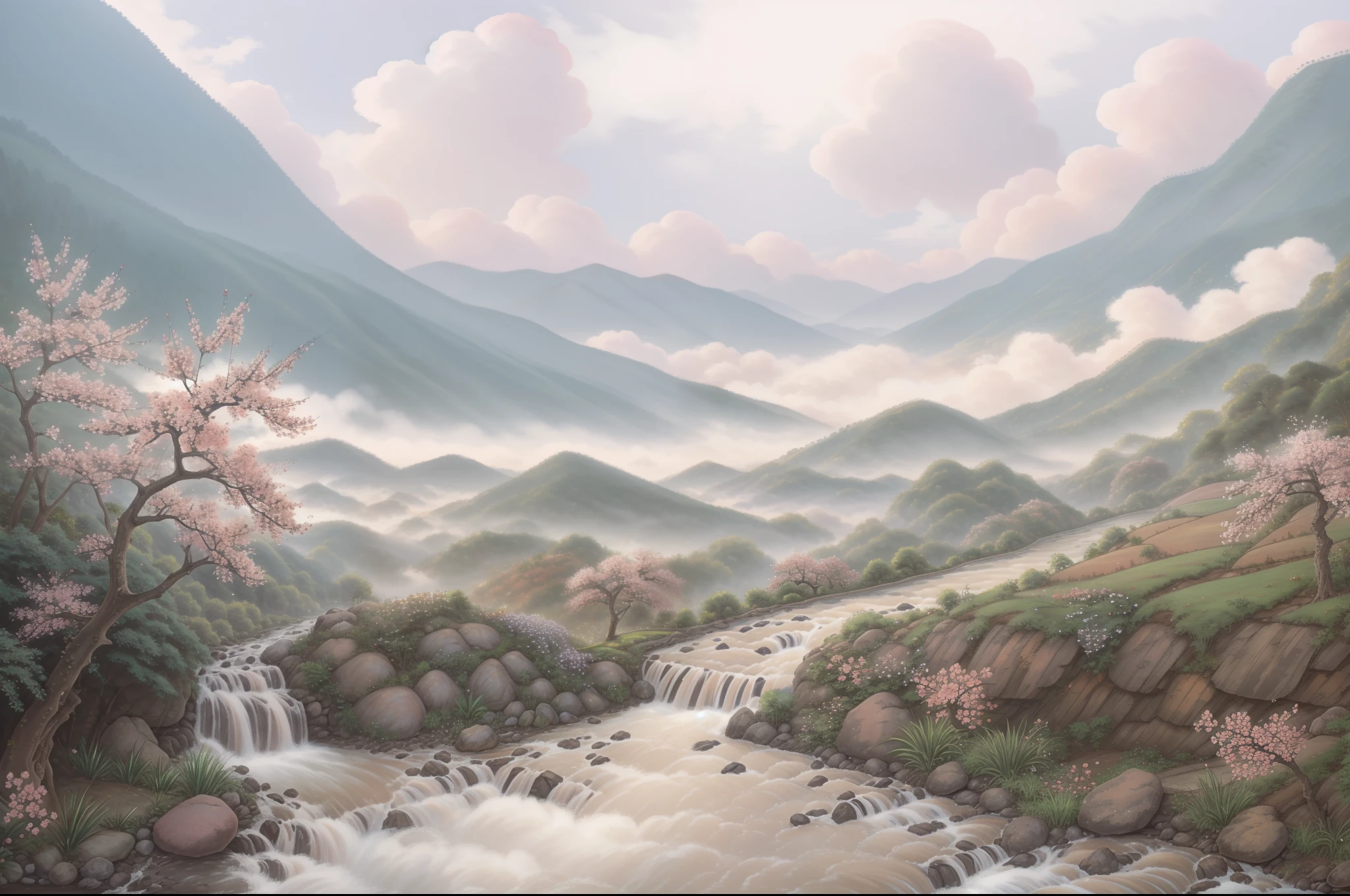 tmasterpiece，best qualtiy，（Highly detailed CG unified 8K wallpaper），（Better quality），（Better illustrations）， Pink peach blossoms，koyama，small village，Four or five small houses，（（（Peach Blossom Forest））），（（（peach blossom）））， Mountain path with small stone steps，small stream，small waterfalls，High hills，Far Mountain，Cloud fog，（idyllic))