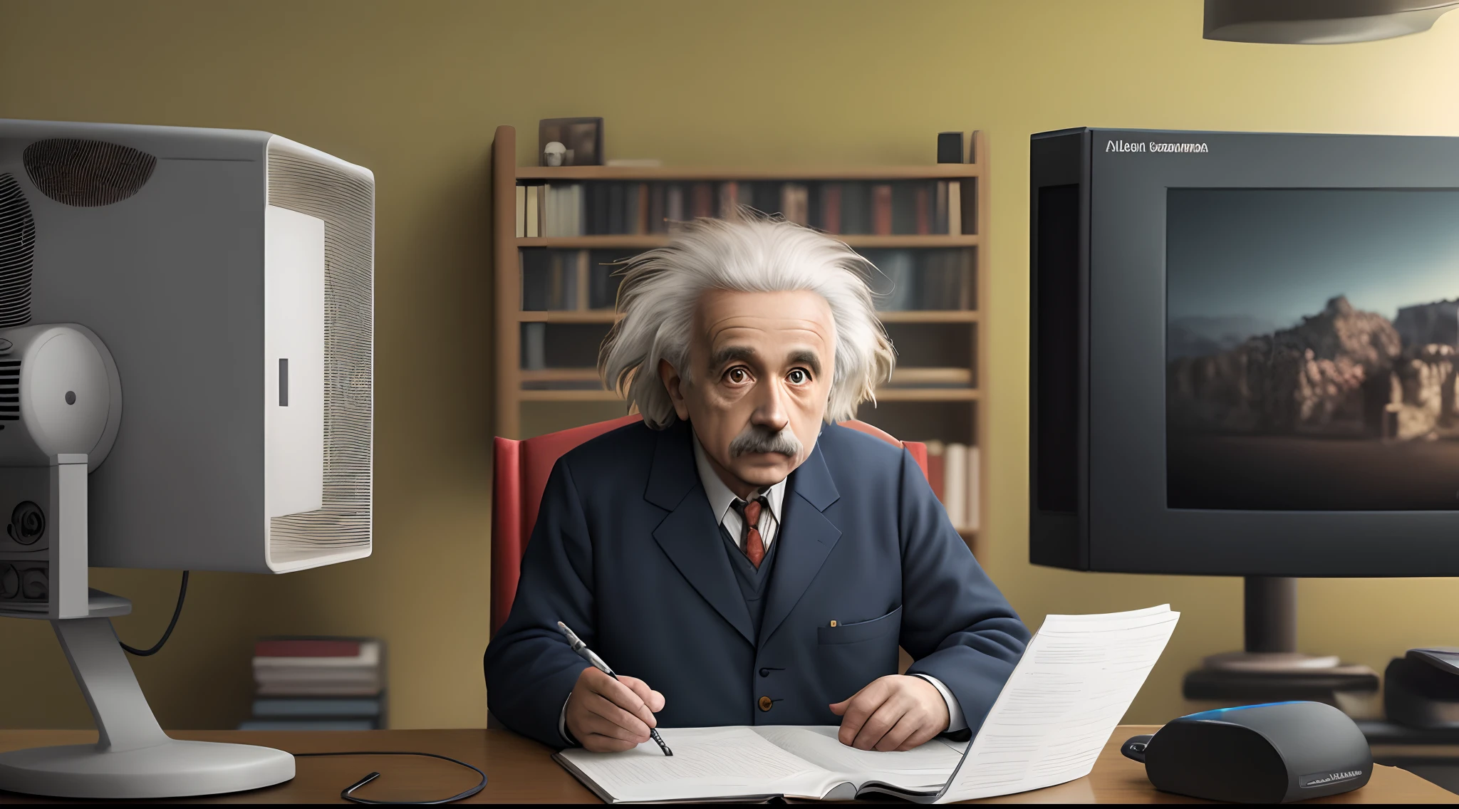 Albert Einstein sentado em uma cadeira de frente para o telespectador