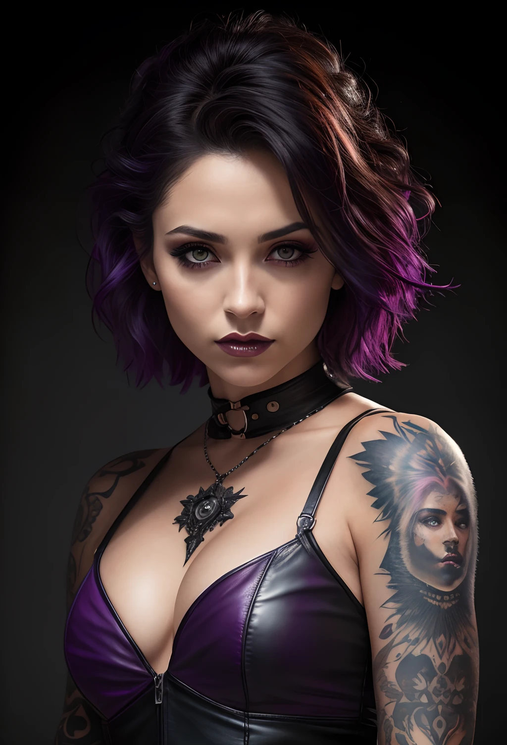 beautiful gothic girl, in purple leather outfit, in a British victorian age cemetery, tattooed, black makeup ,((slim, petite)), photorealistic, photo, masterpiece, realistic, realism, photorealism, high contrast, photorealistic digital art trending on Artstation 8k HD high definition detailed realistic, detailed, skin texture, hyper detailed, realistic skin texture, armature, best quality, ultra high res, (photorealistic:1.4),, high resolution, detailed, raw photo, sharp re, by lee jeffries nikon d850 film stock photograph 4 kodak portra 400 camera f1.6 lens rich colors hyper realistic lifelike texture dramatic lighting unrealengine trending on artstation cinestill 800,