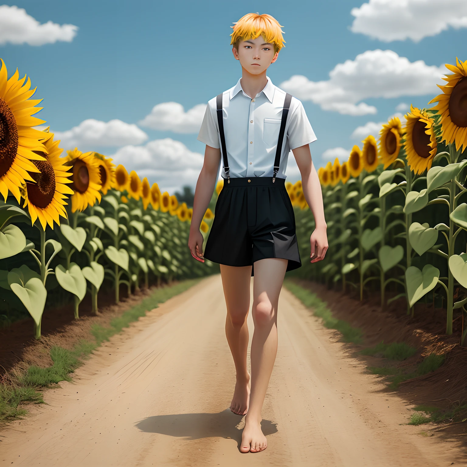The ager walks among the sunflowers,Shirt suspenders,Samurai head,The barefoot,Yellow-skinned,Heterochromatic pupil